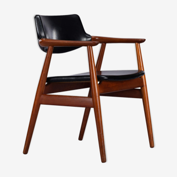 Chaise de bureau par Erik Kirkegaard en teck avec cuir noir d’origine, années 1960