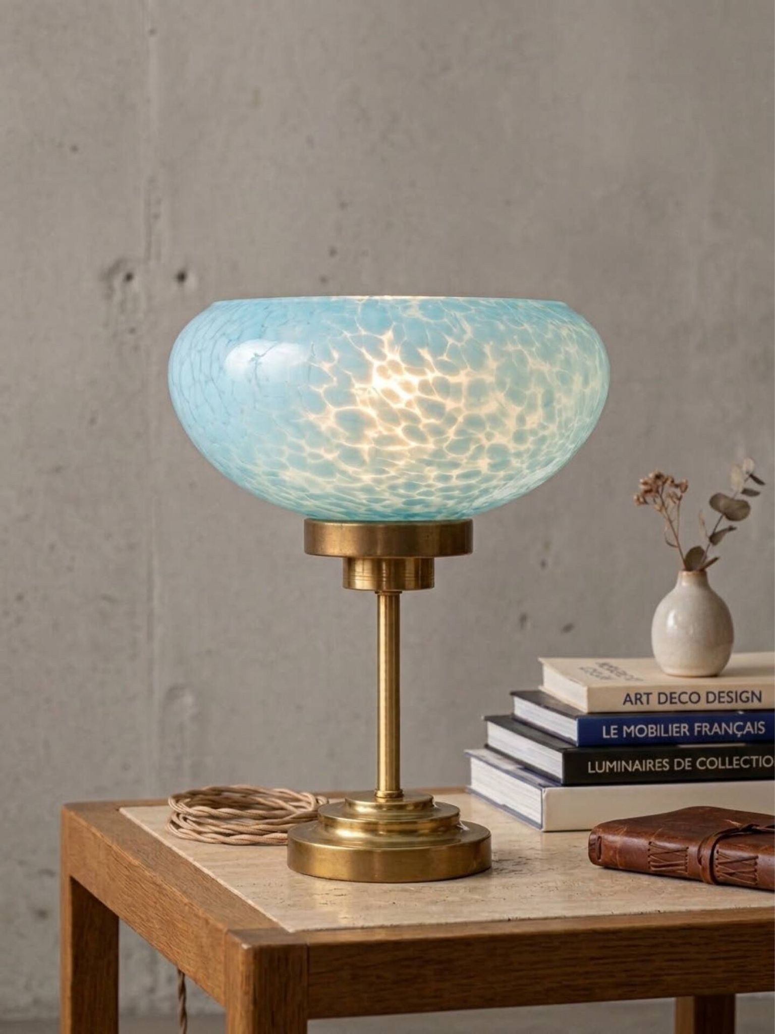 Vintage table lamp in blue Clichy glass & patinated brass