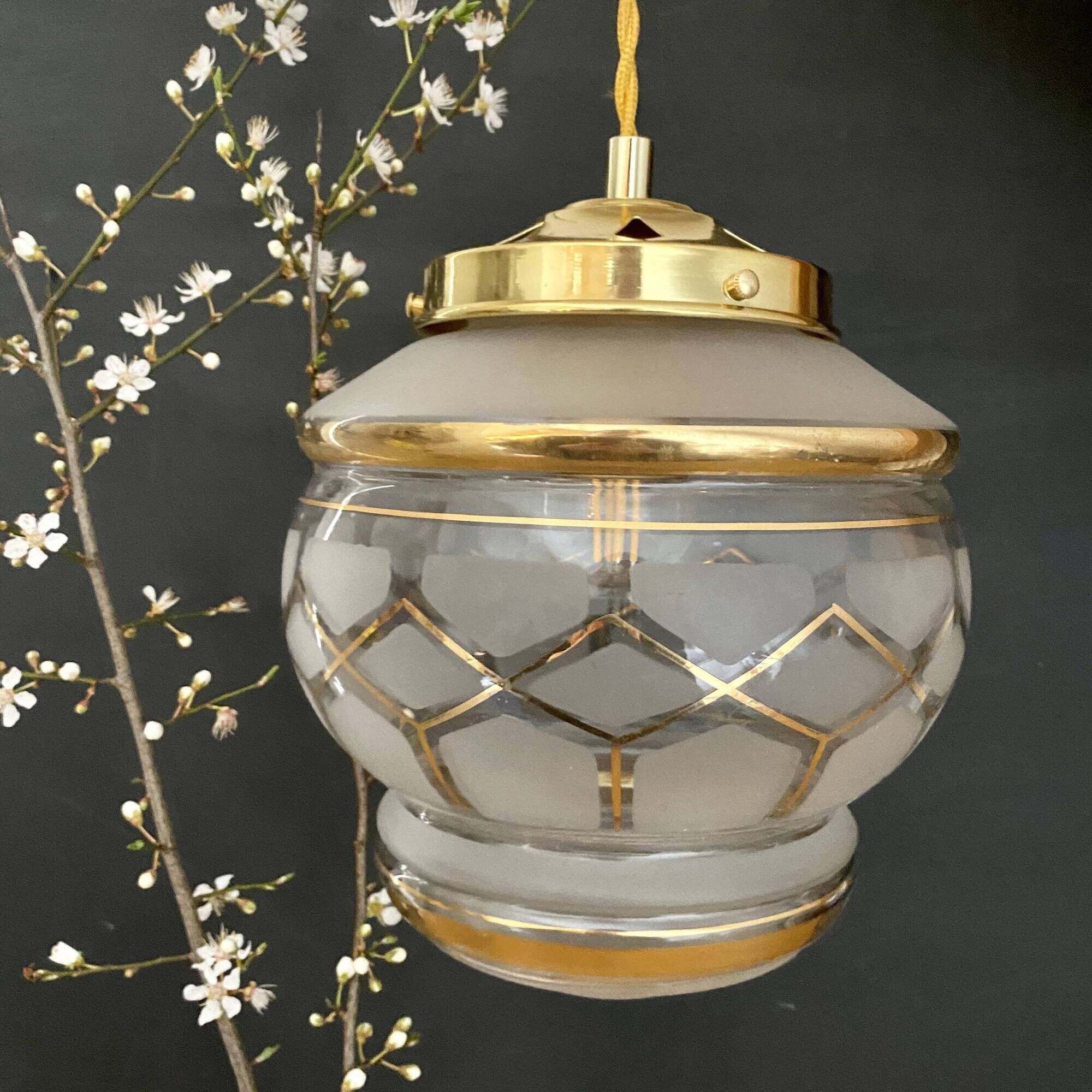 Vintage art deco globe pendant light in white and gold frosted glass