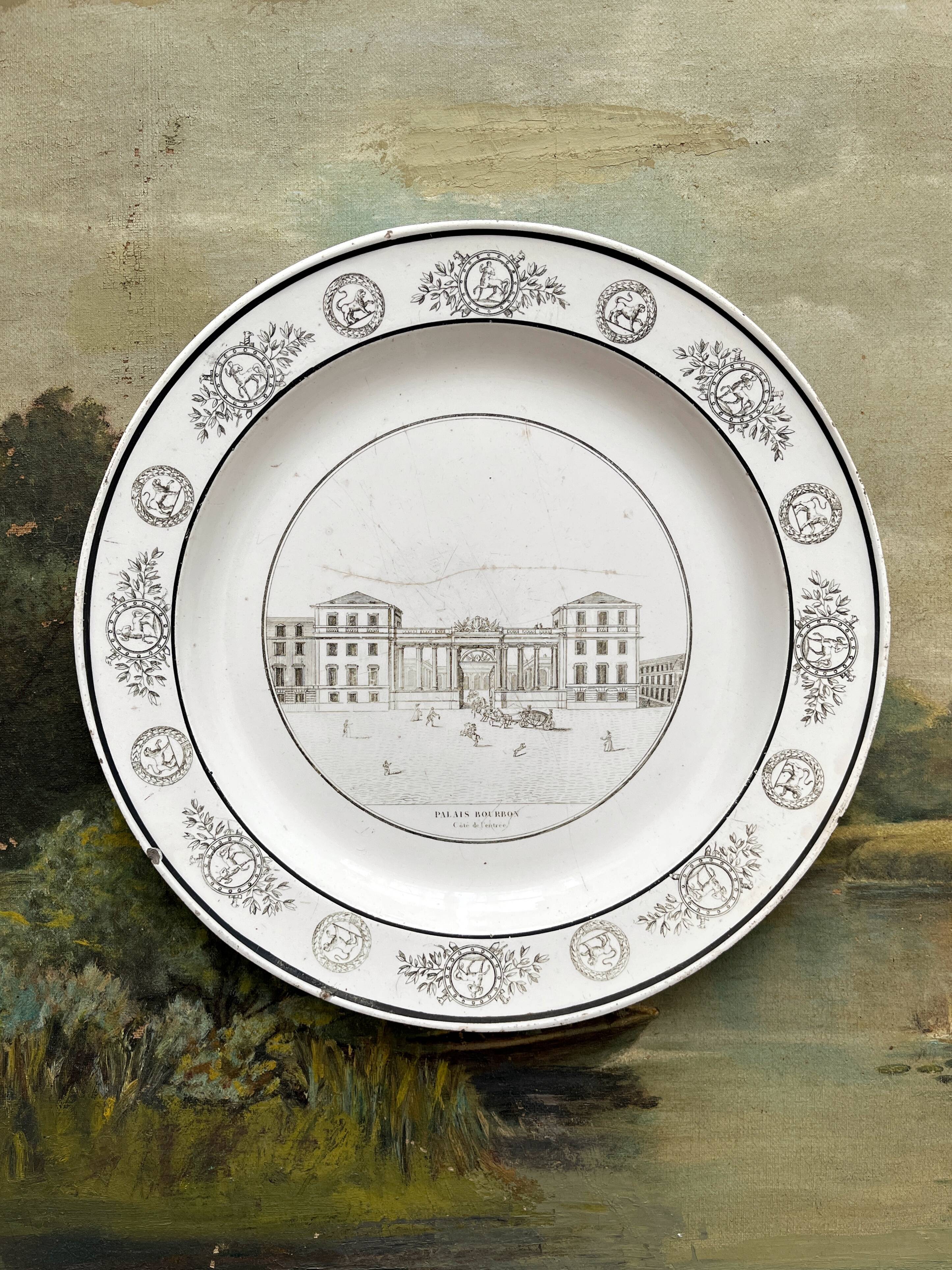 Antique fine earthenware plate "Palais Bourbon" Creil, early 19th century