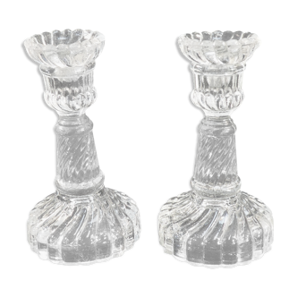 Pair of glass candle holders for poupee house signed portieux