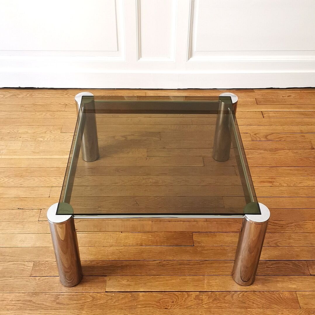 Square chrome and smoked glass coffee table, 1970