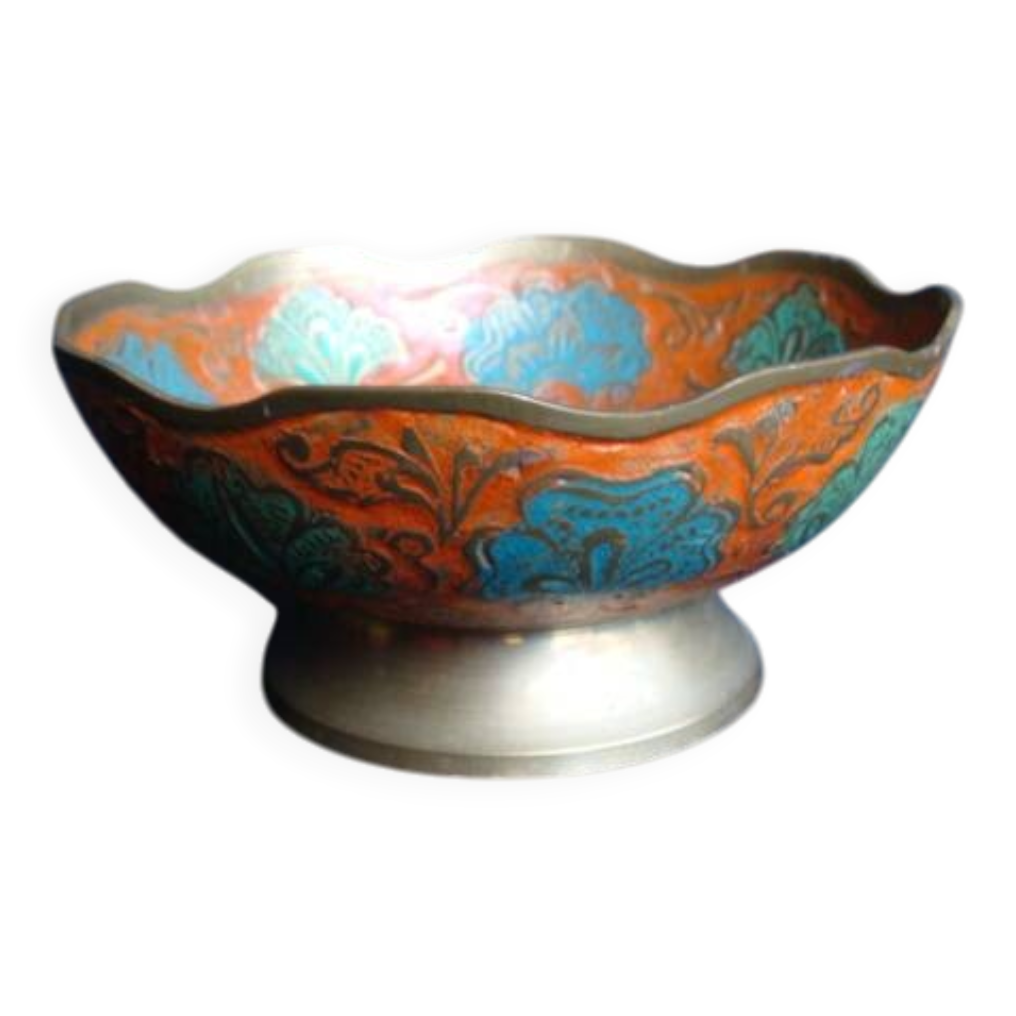 Peacock enameled brass bowl