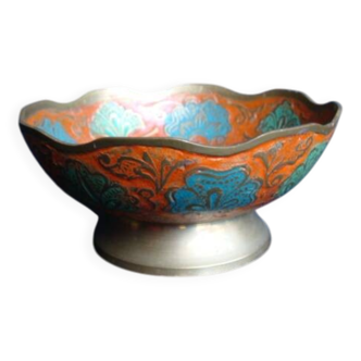 Peacock enameled brass bowl