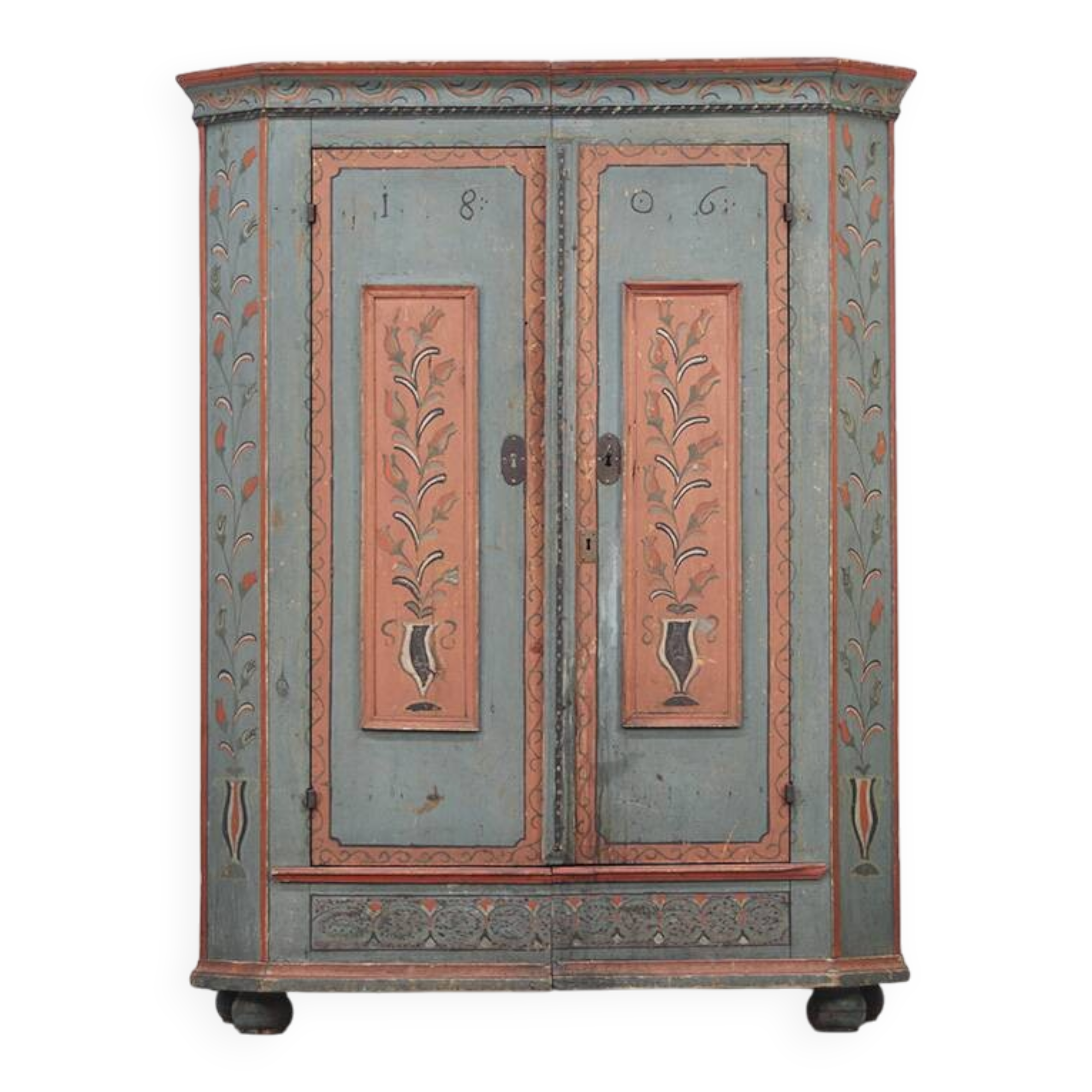 Rustic Farmhouse Folk Art Painted Bridal Cabinet dated 1806