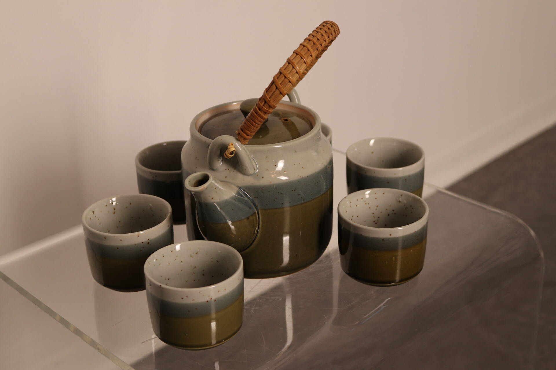 Hand-made ceramic tea set glazed in bleu-green tones, Belgium 1960