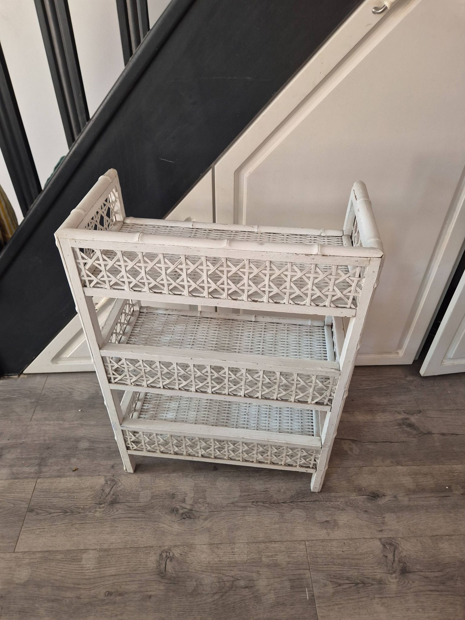 vintage white wicker rattan storage shelf