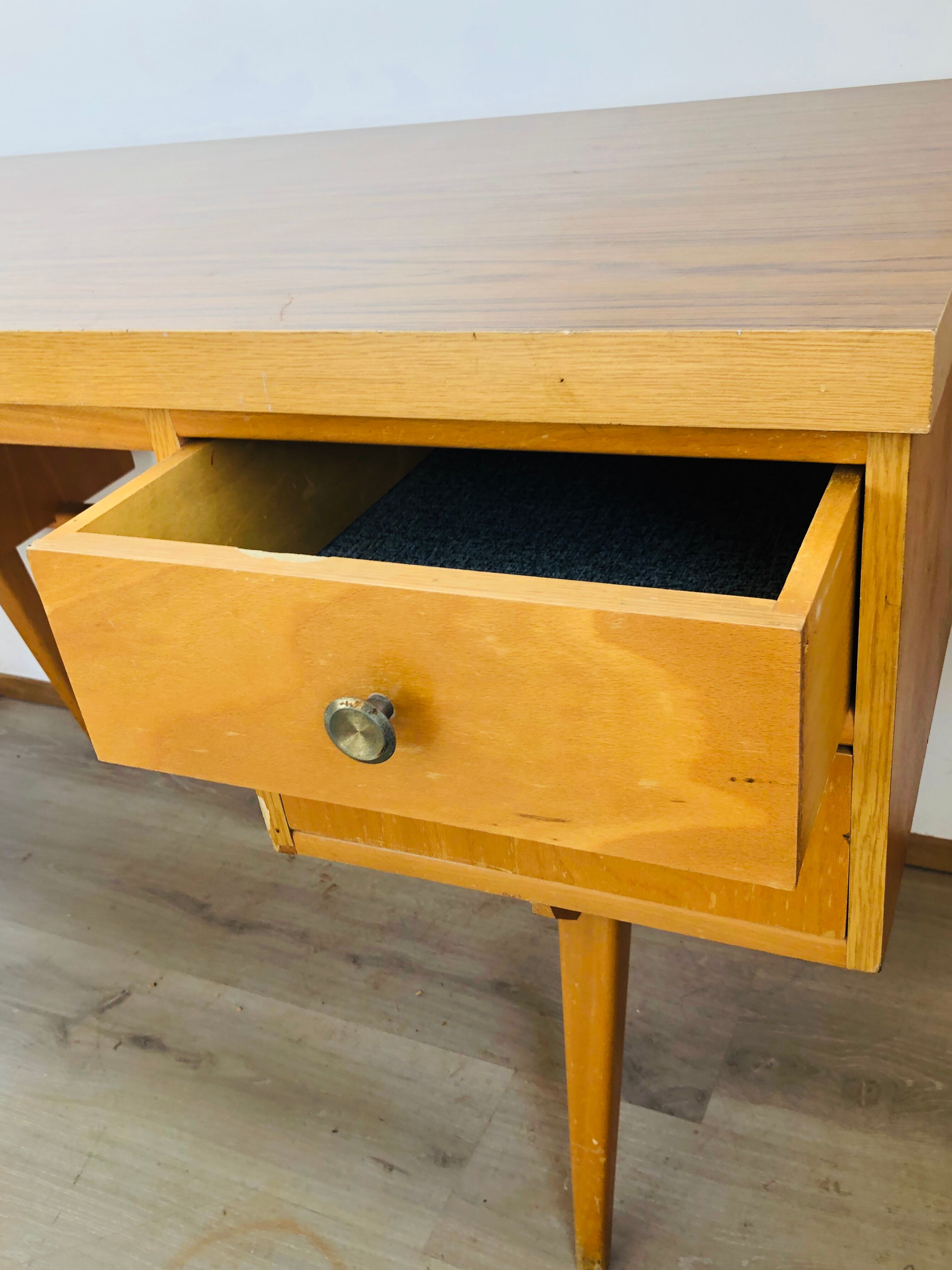 60s office in honey wood and formica moka compass feet