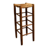 Tabouret de bar vintage style rustique en bois massif avec assise en paille