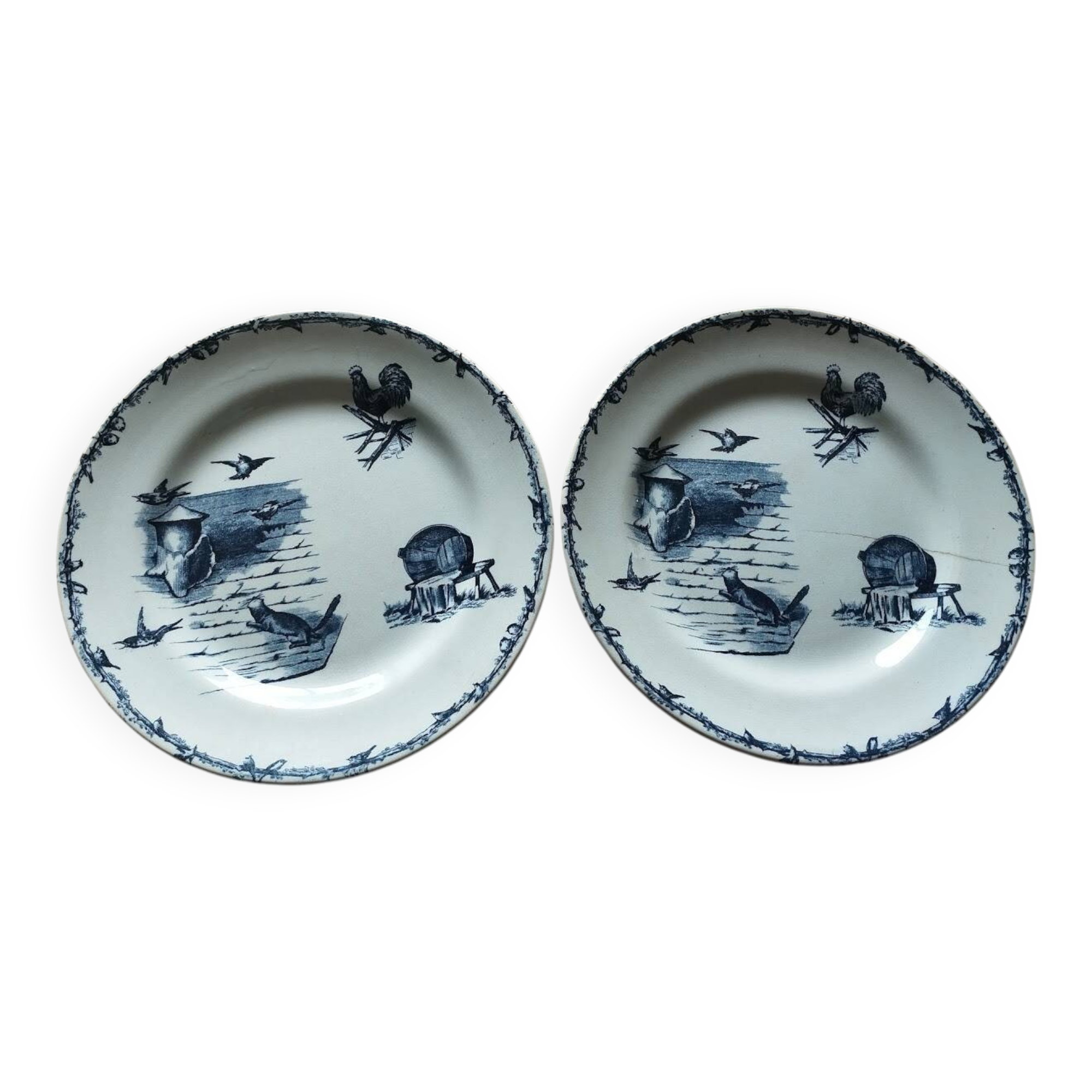 Assiettes Terre de Fer – Décor pastoral bleu – XIXe