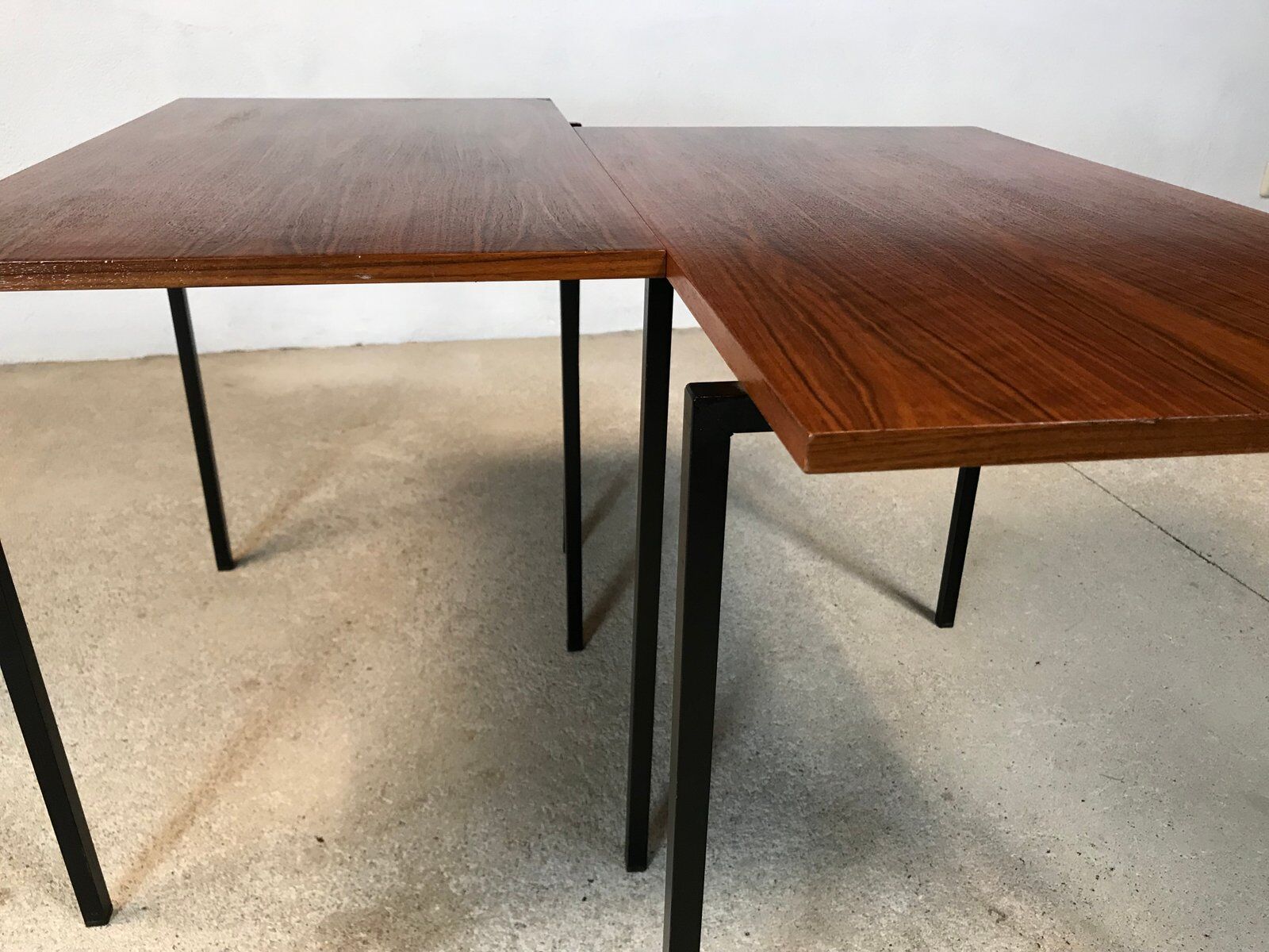 Minimalist walnut & steel stacking side tables, 1960s, Set of 2