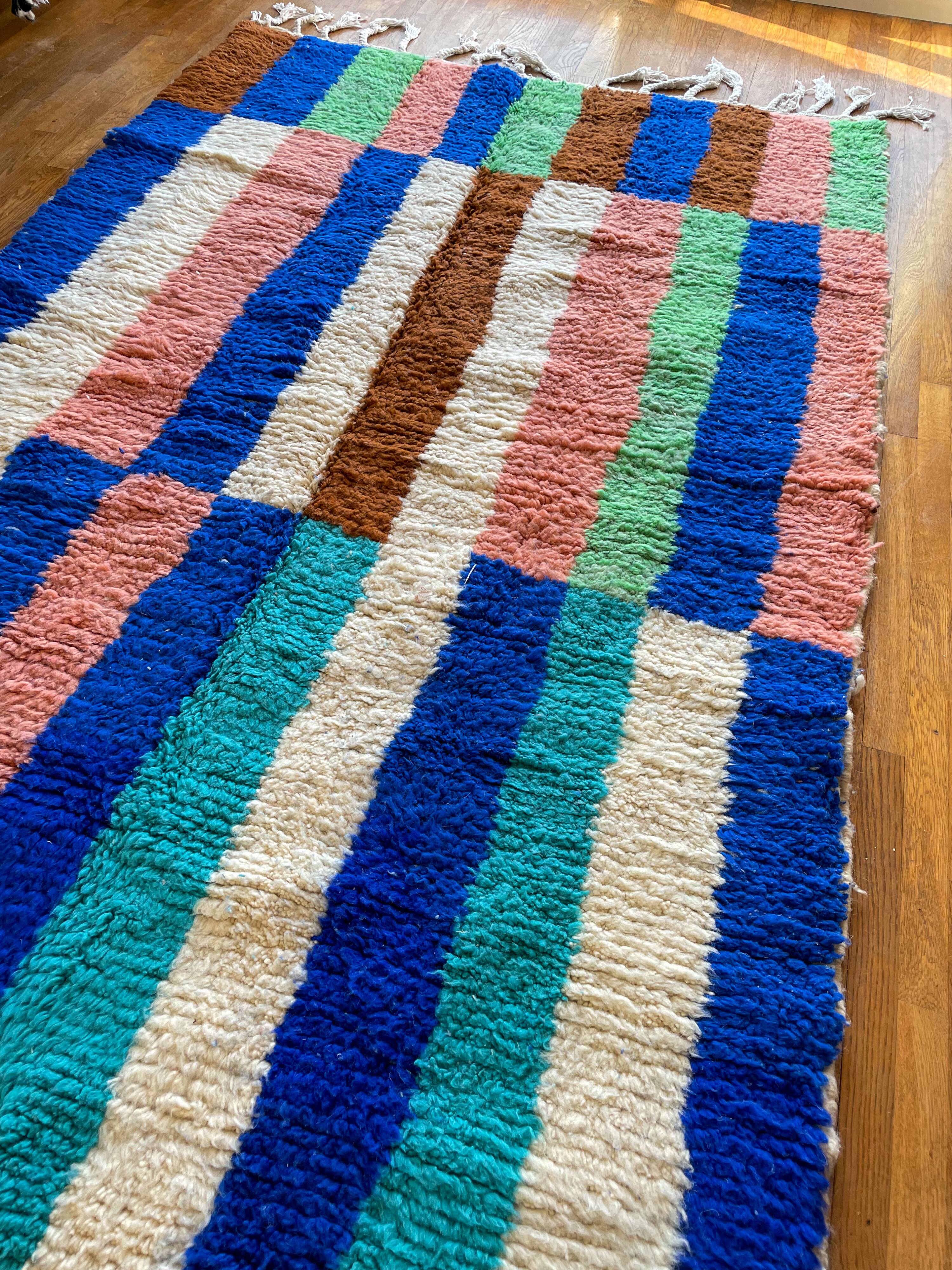 Berber carpet boujad colorful blue majorelle green brown peach