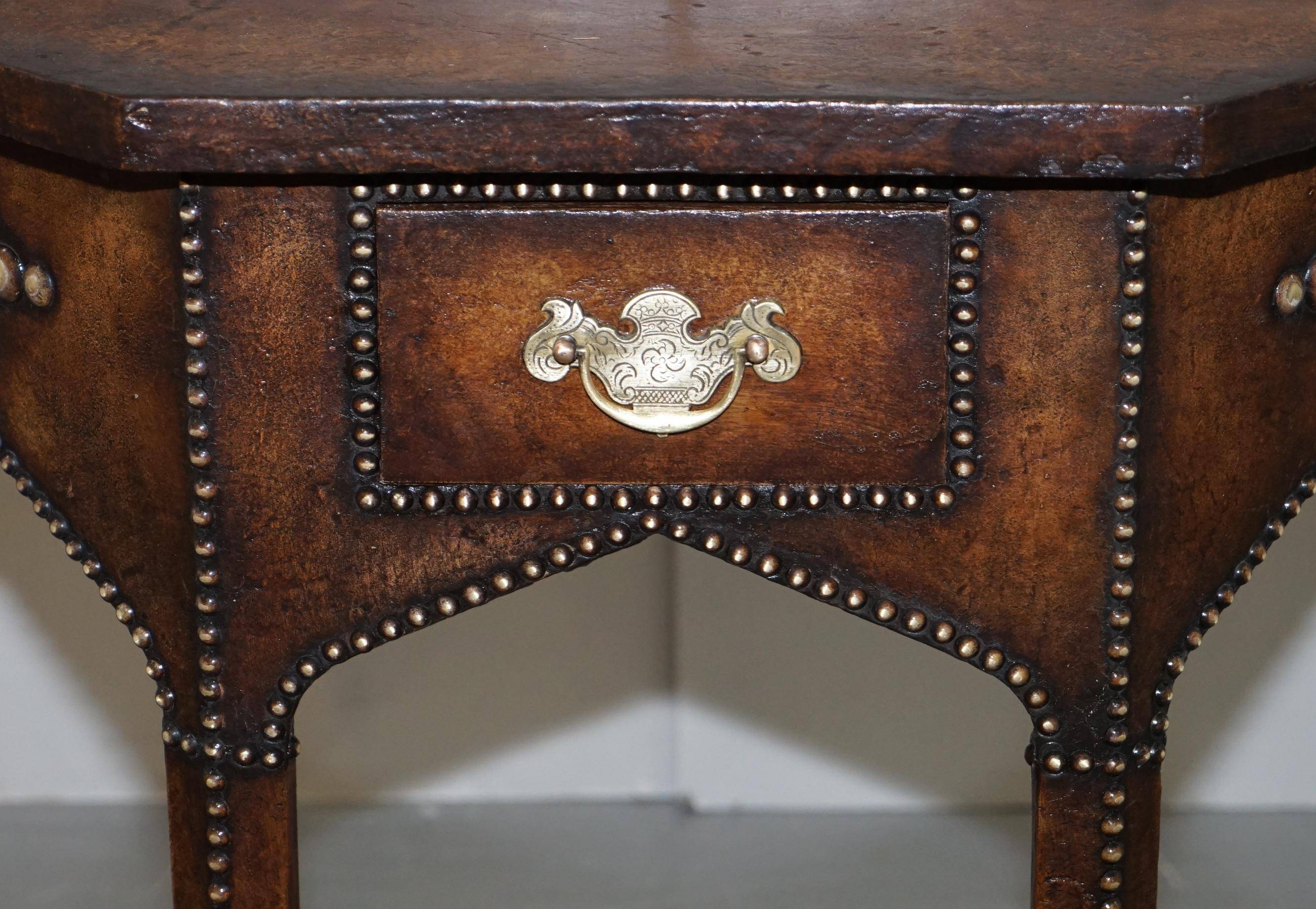 Antique Leather Studded Console Table in Gothic Pugin Style Restored