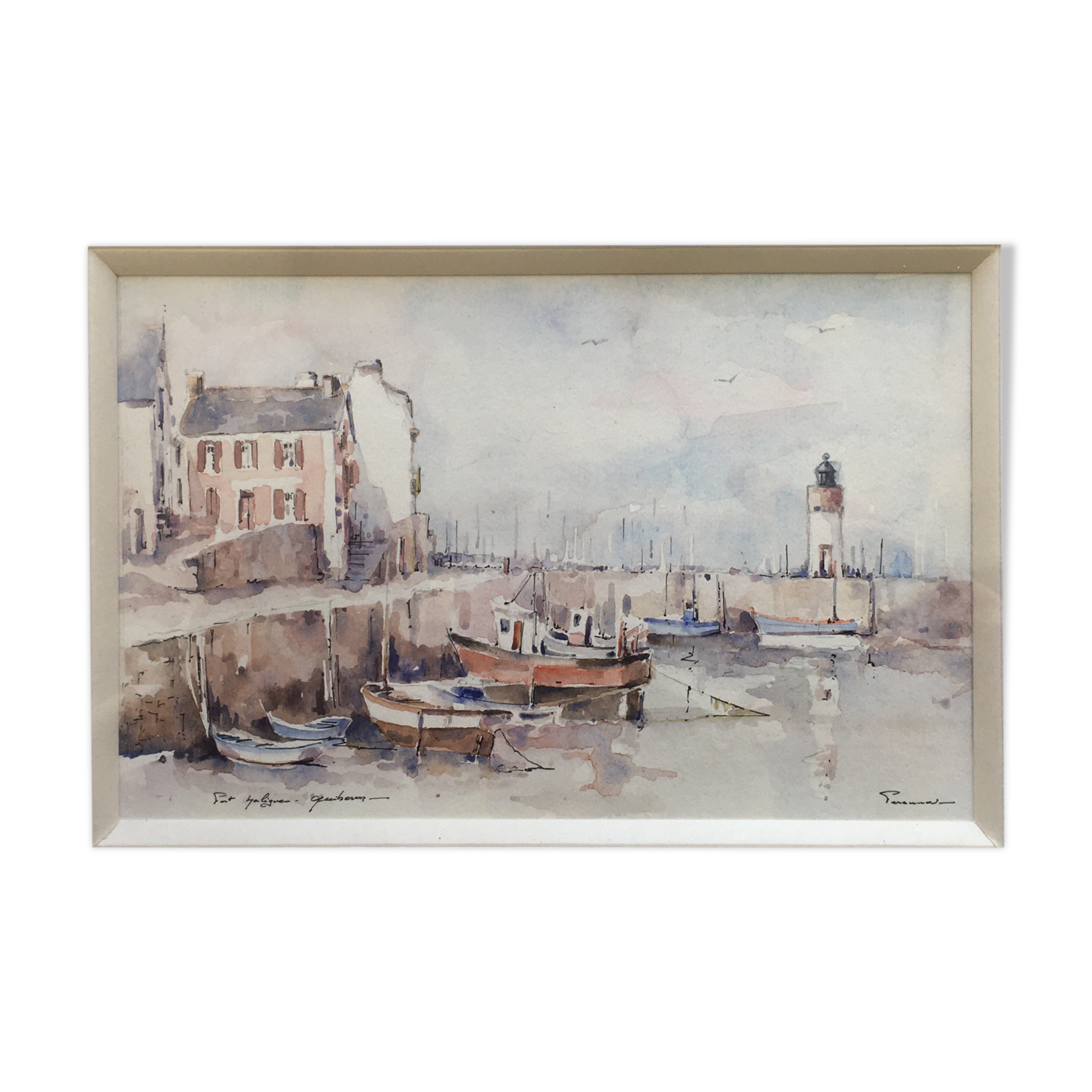 Beautiful Painting Watercolor Port Haliguen Quiberon signed