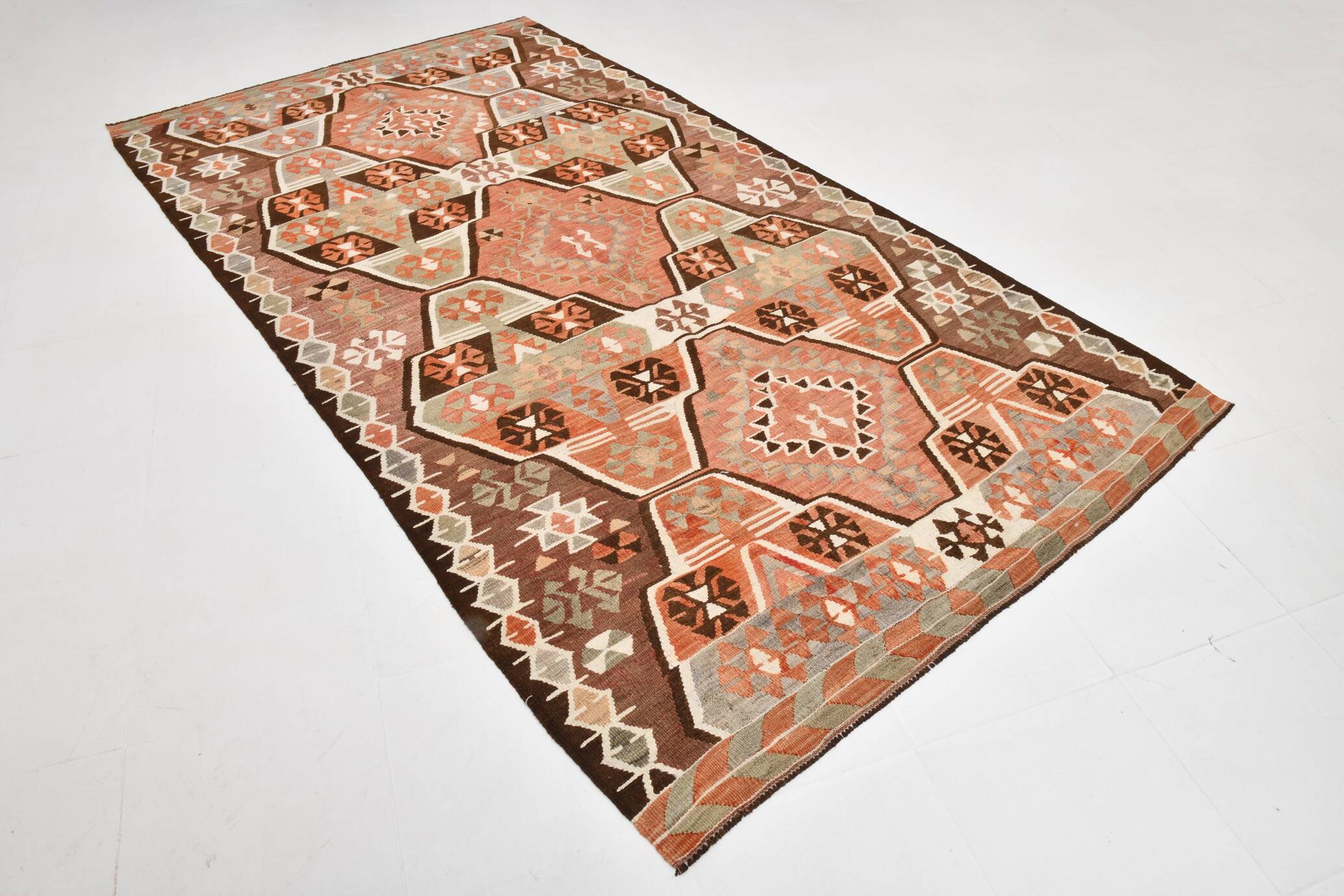 5x10 Pale Red & Brown Geometric Persian Kilim Rug, 170x310Cm