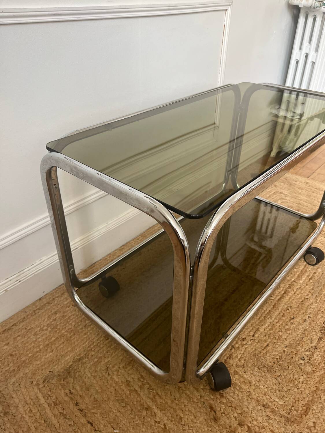 Rolling serving cart in chromed steel and smoked glass, 70s design