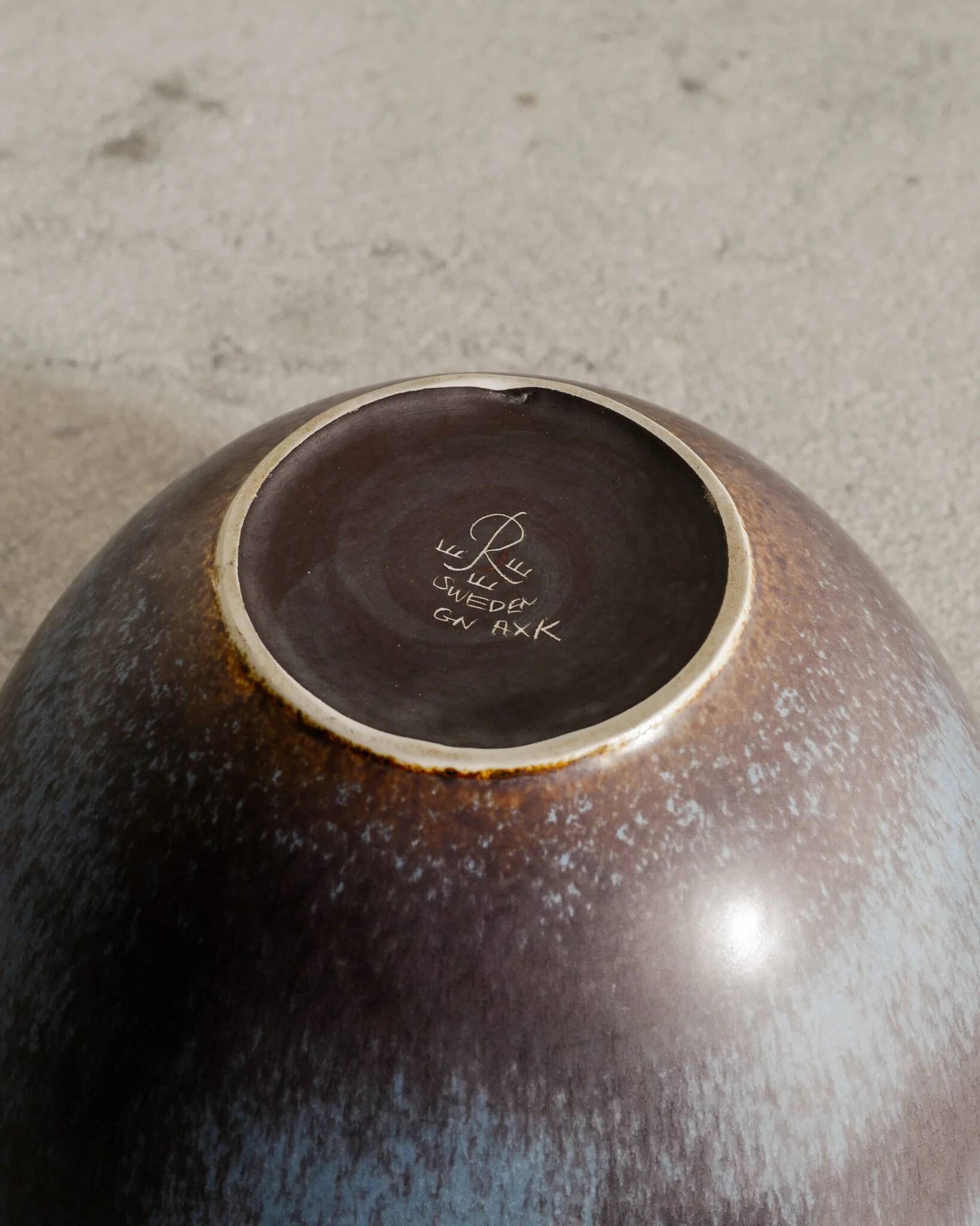 Large Swedish Mid Century Blue Brown Ceramic Bowl by Gunnar Nylund, 1950s