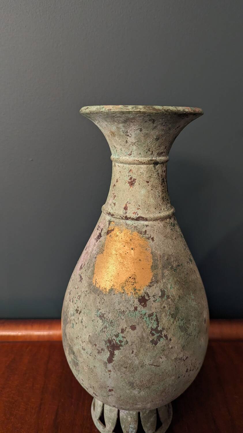 Japanese green and gold copper vase