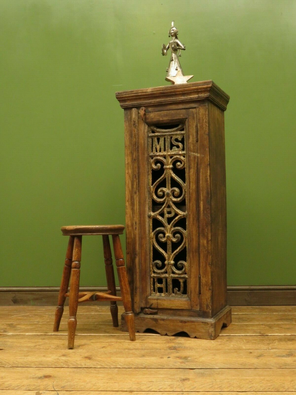 Vintage Indian Cabinet with Iron Railway Insert Door, Narrow Drinks Cabinet, No2