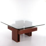 French Brutalist Design coffee table of teak with glass top, 1970