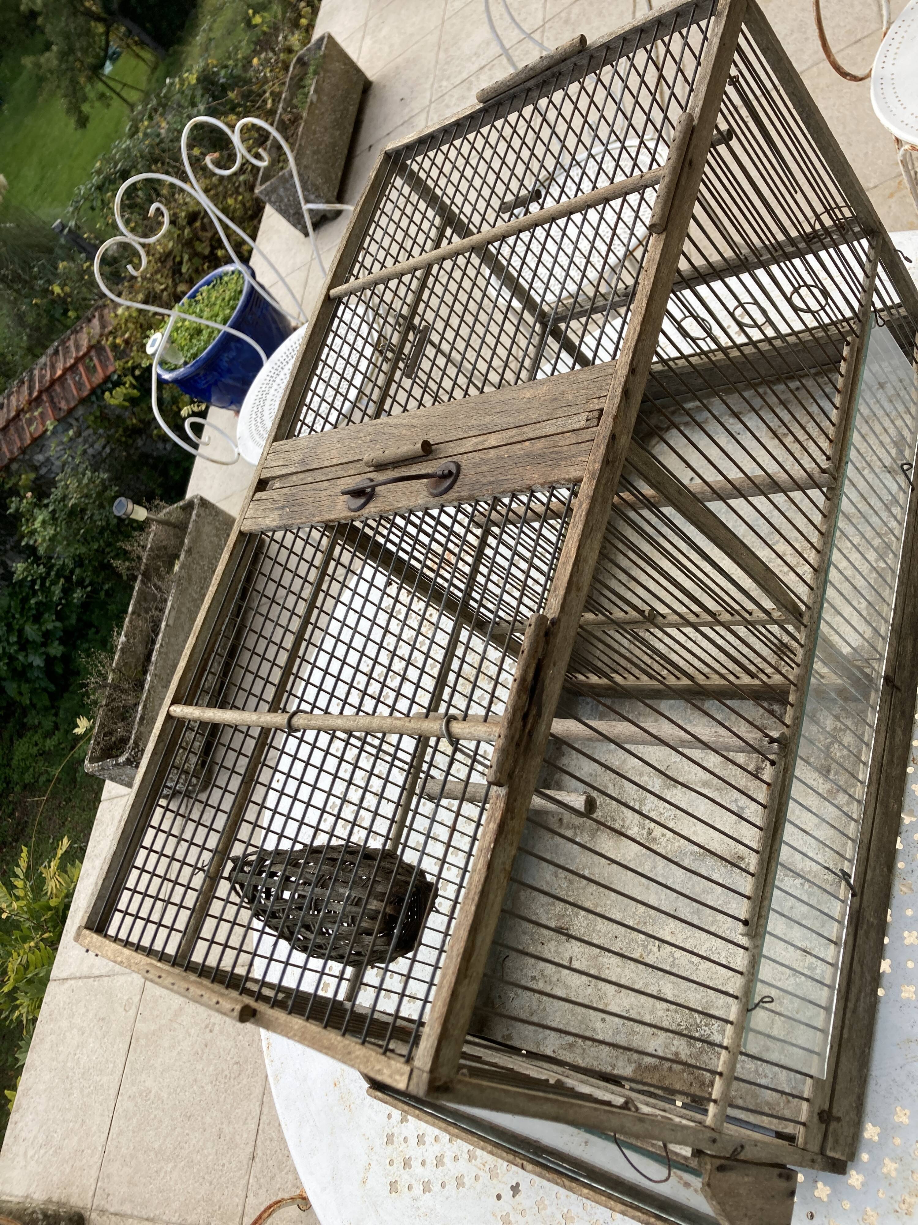 Cage double à oiseaux ancienne en bois et zinc