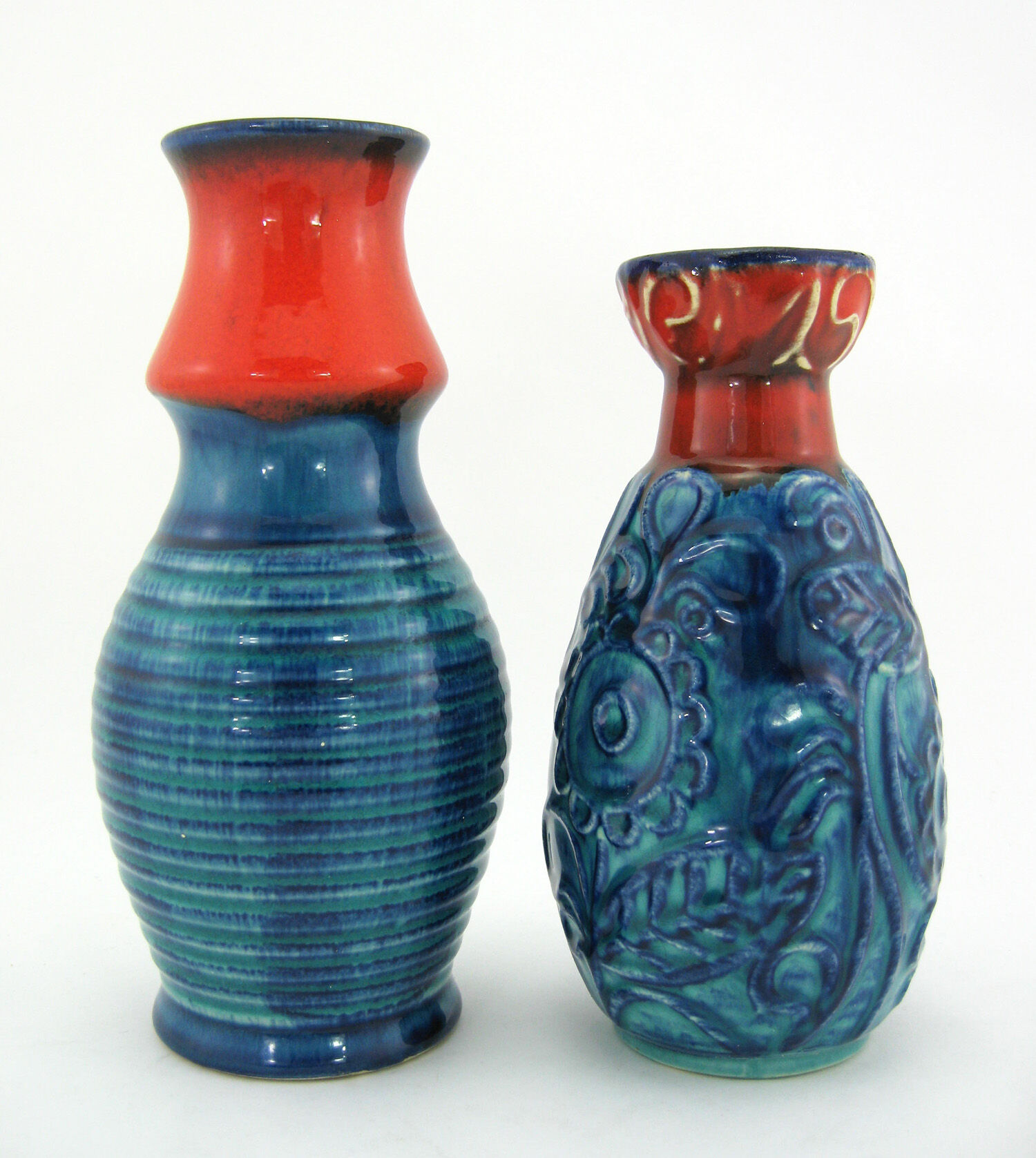 2 red and blue ceramic vases - Bodo Mans Bay Keramik - West Germany Pottery - vintage 60s