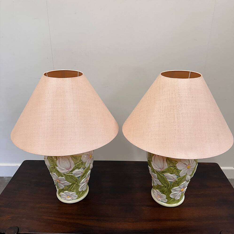 Pair of large vintage ceramic table lamps with 3D floral design, 1970s