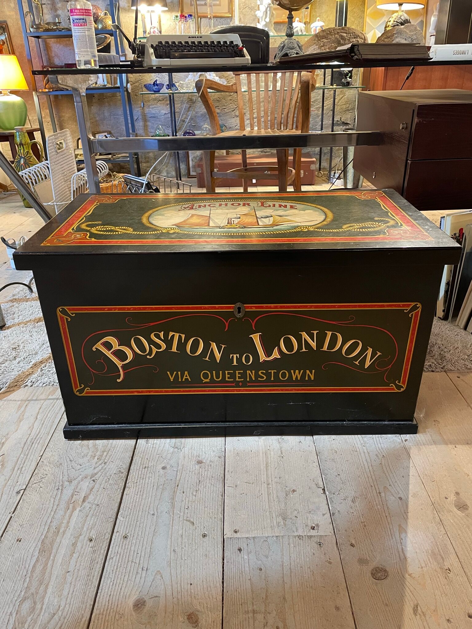 Anchor line painted wooden chest