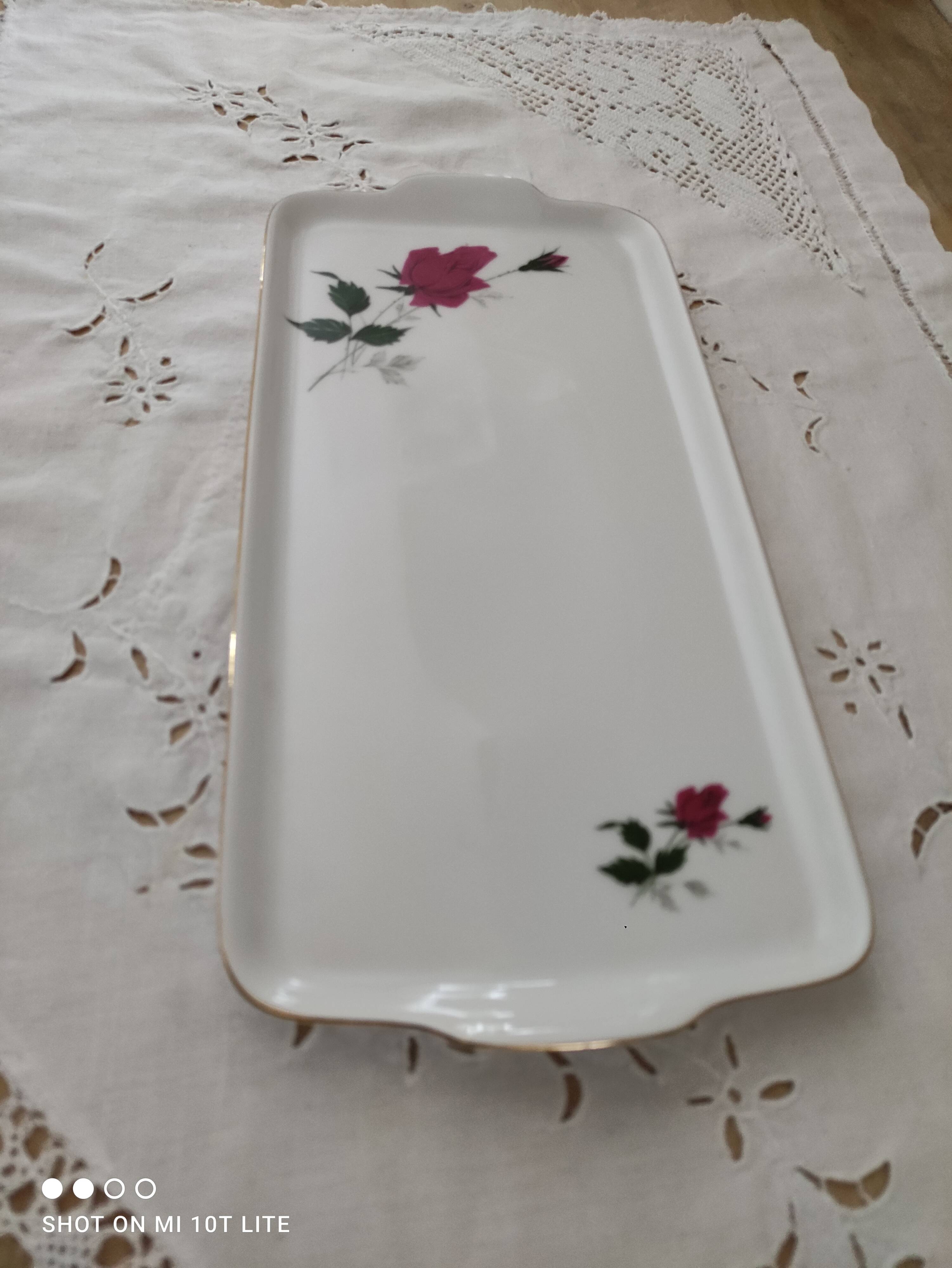 Porcelain ear cake dish Bavaria white décor roses fushia bordered gold