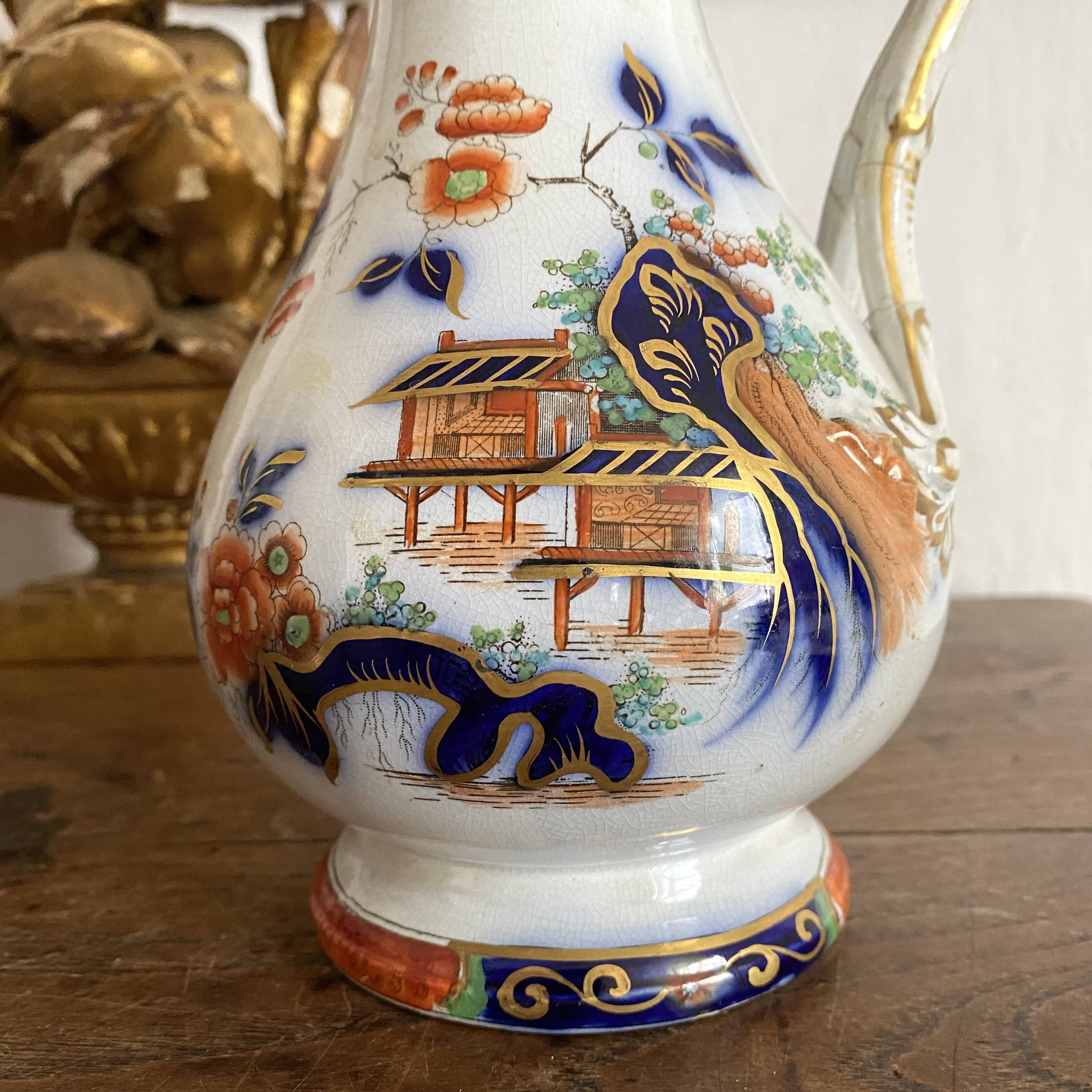 Antique polychrome porcelain jug, Orientalist decoration.