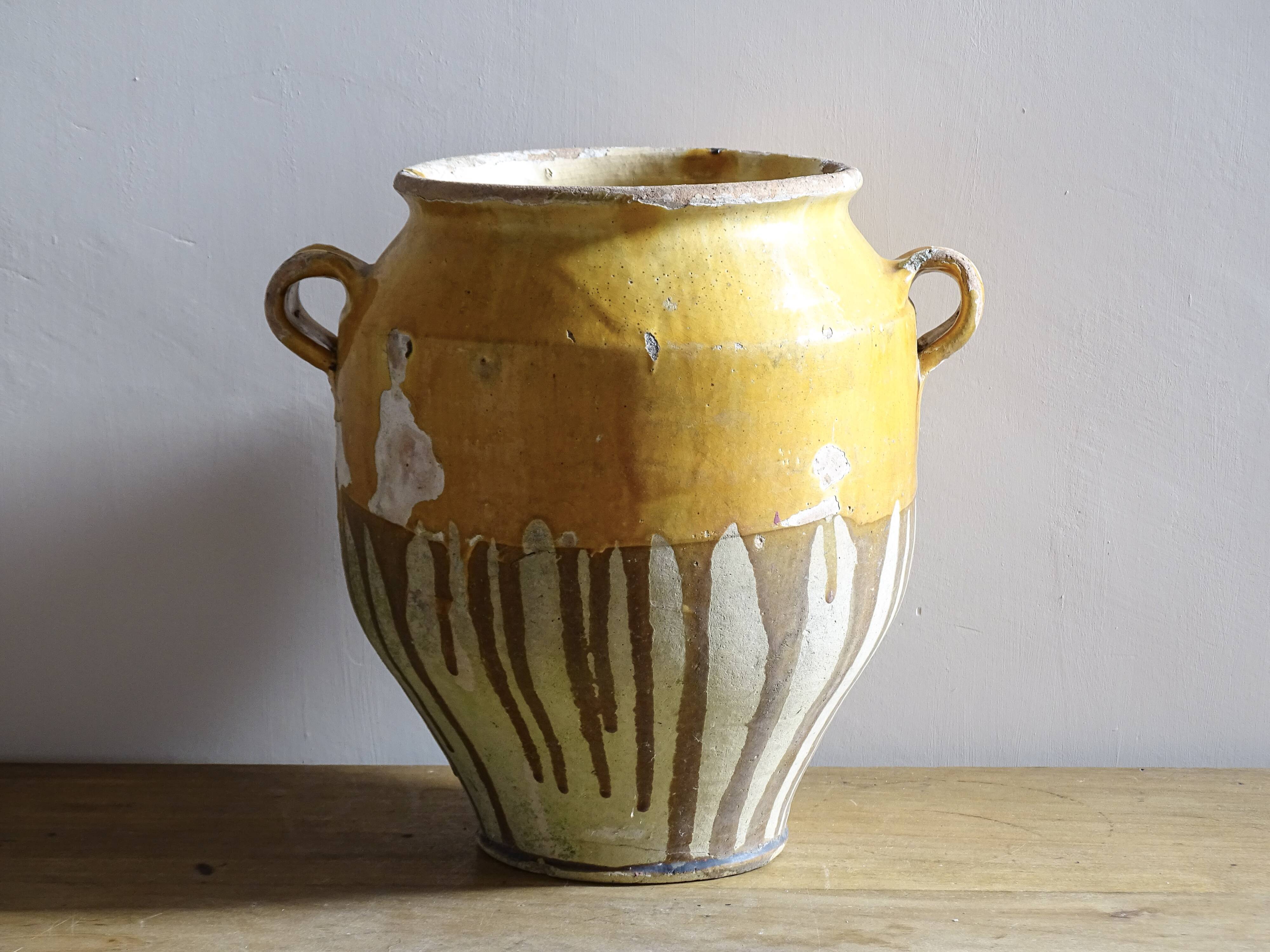 Large Antique French Confit Pot with Yellow Glaze
