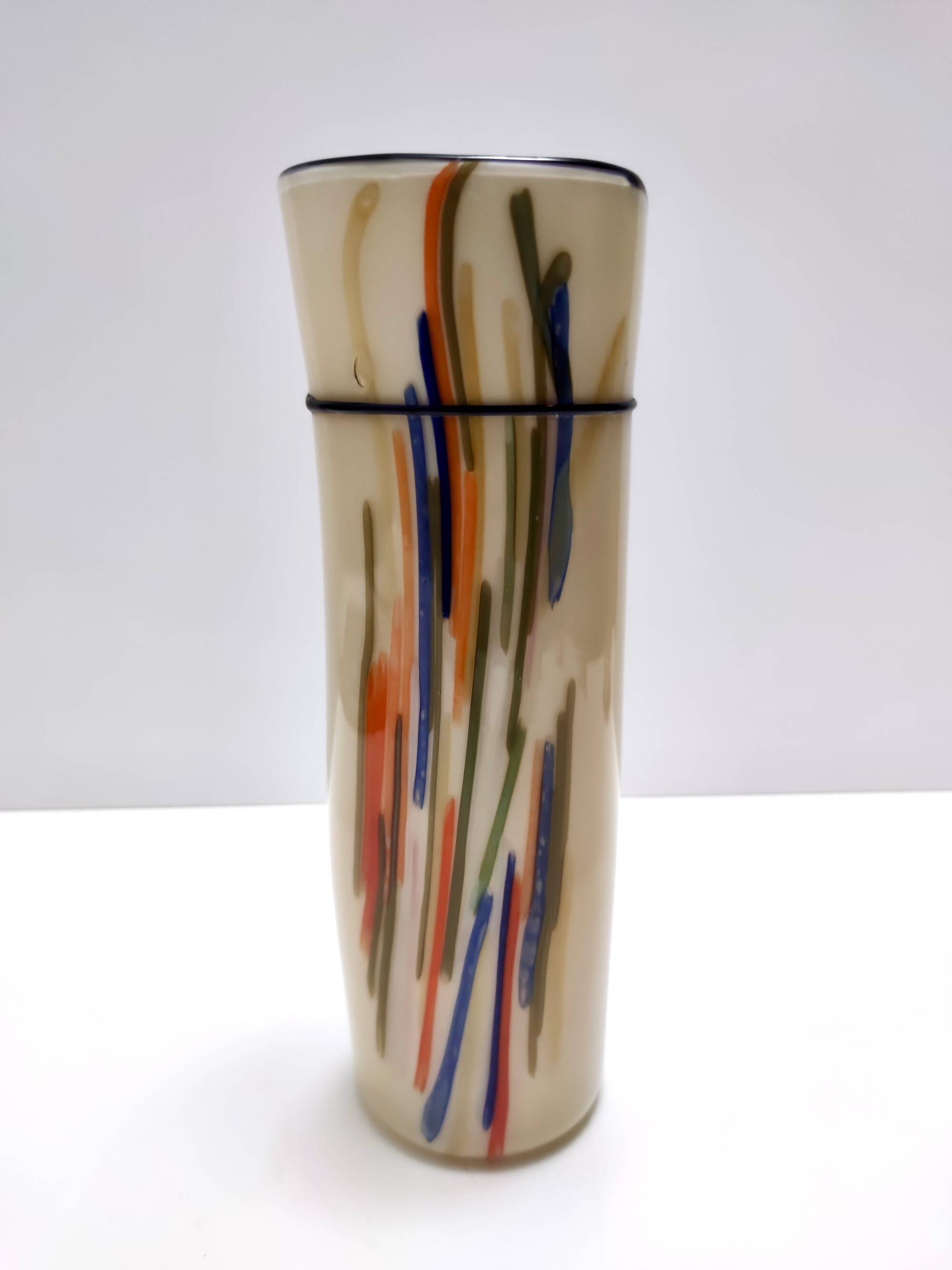 Beige Cylindric Encased and Hand-blown Opaline Glass Vase, Italy