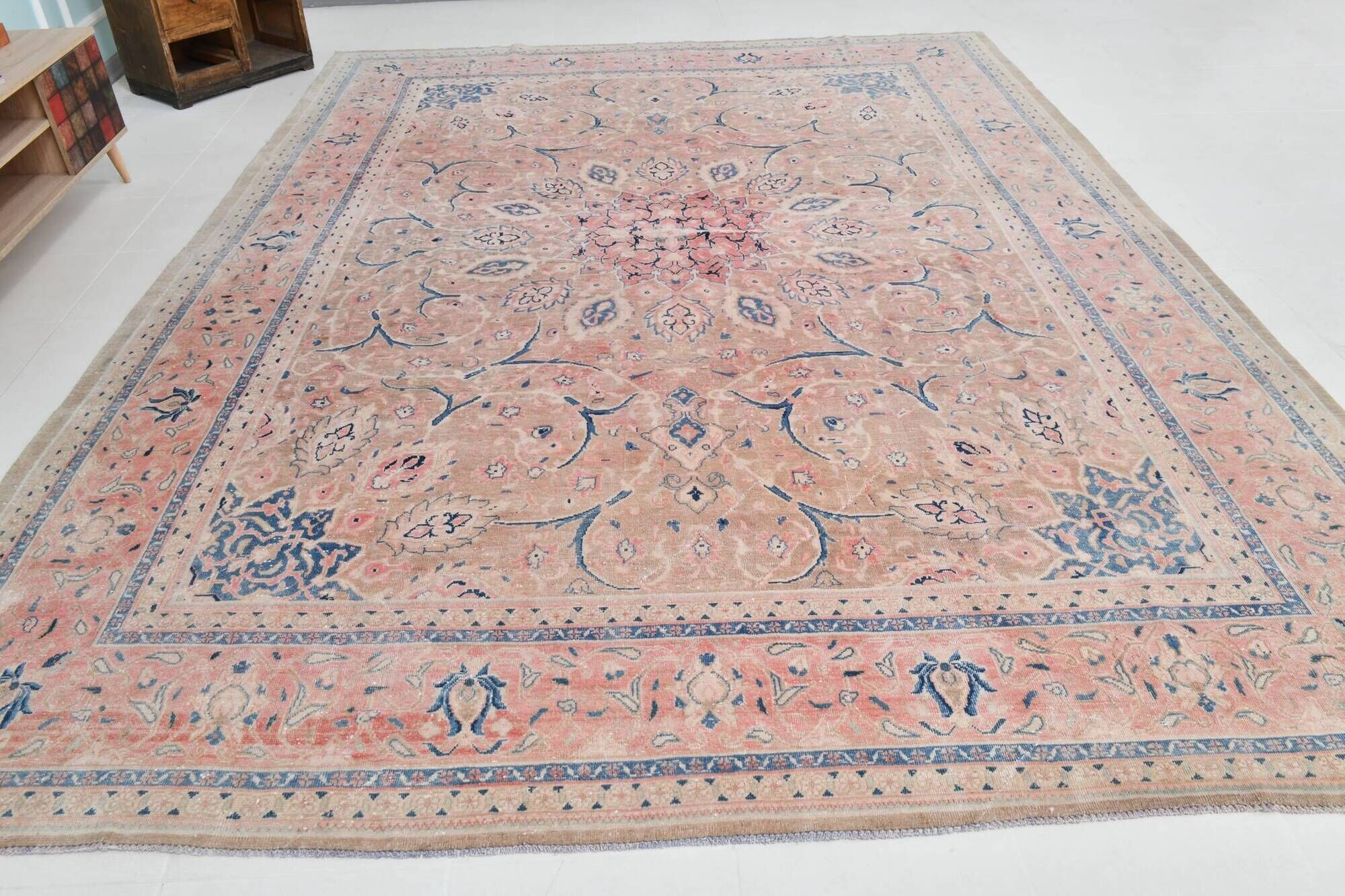 Tapis persan classique antique 57s rose blush bleu 10x13, 293x388 cm