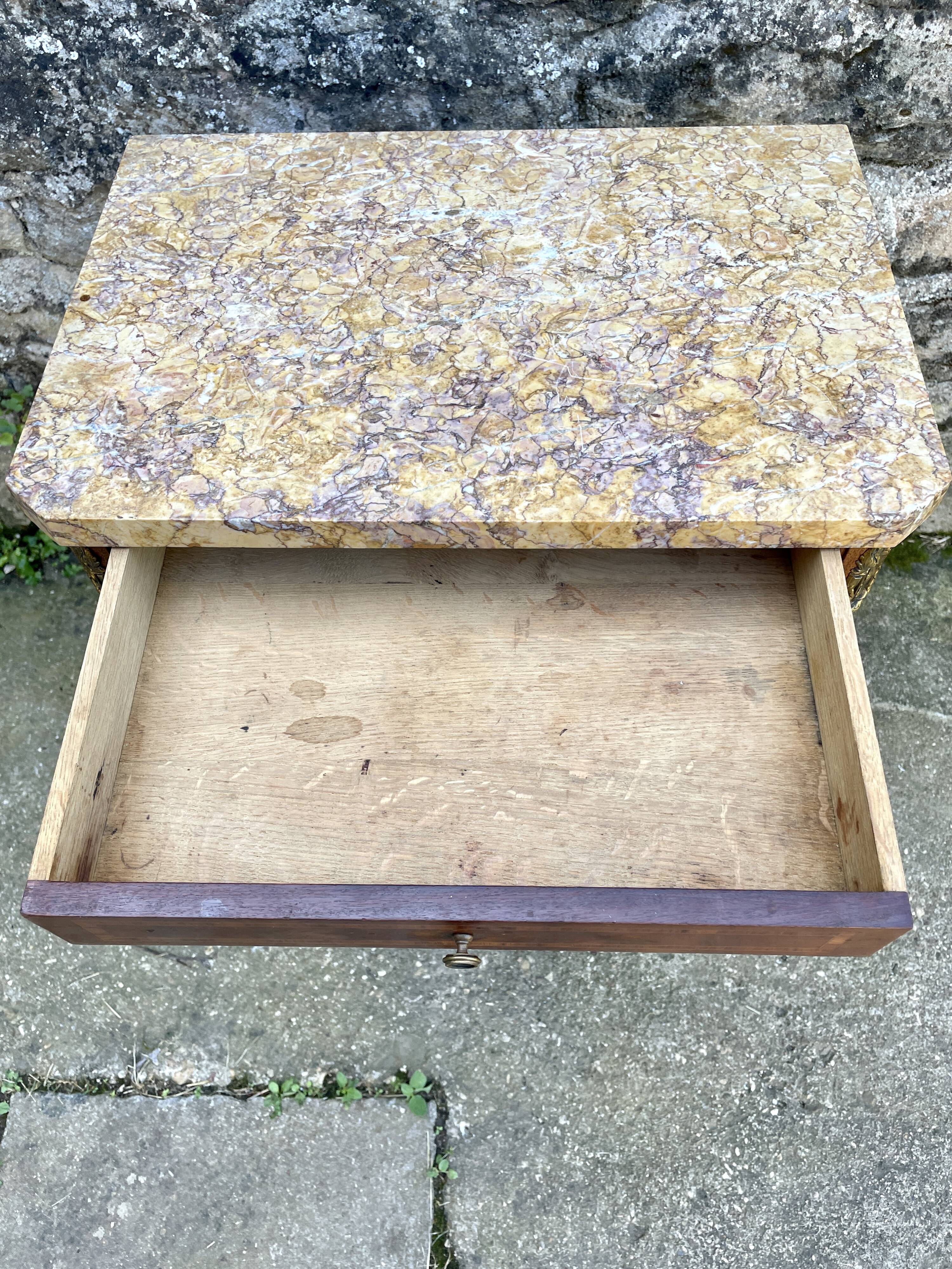 Louis XVI style bedside table in bronze, marble and ceramic