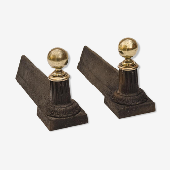 Pair of cast iron channels and brass ball 19th antique fireplace accessory