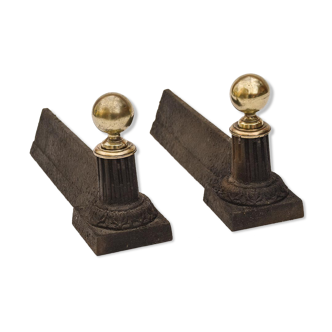 Pair of cast iron channels and brass ball 19th antique fireplace accessory