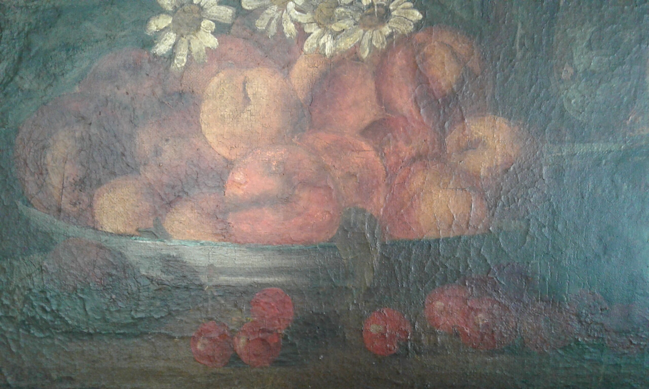 Table Oil on canvas. Old. Still life with apricots and peaches. 19 th