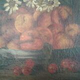 Tableau huile sur toile ancien nature morte aux abricots et pêches  . 19 ème