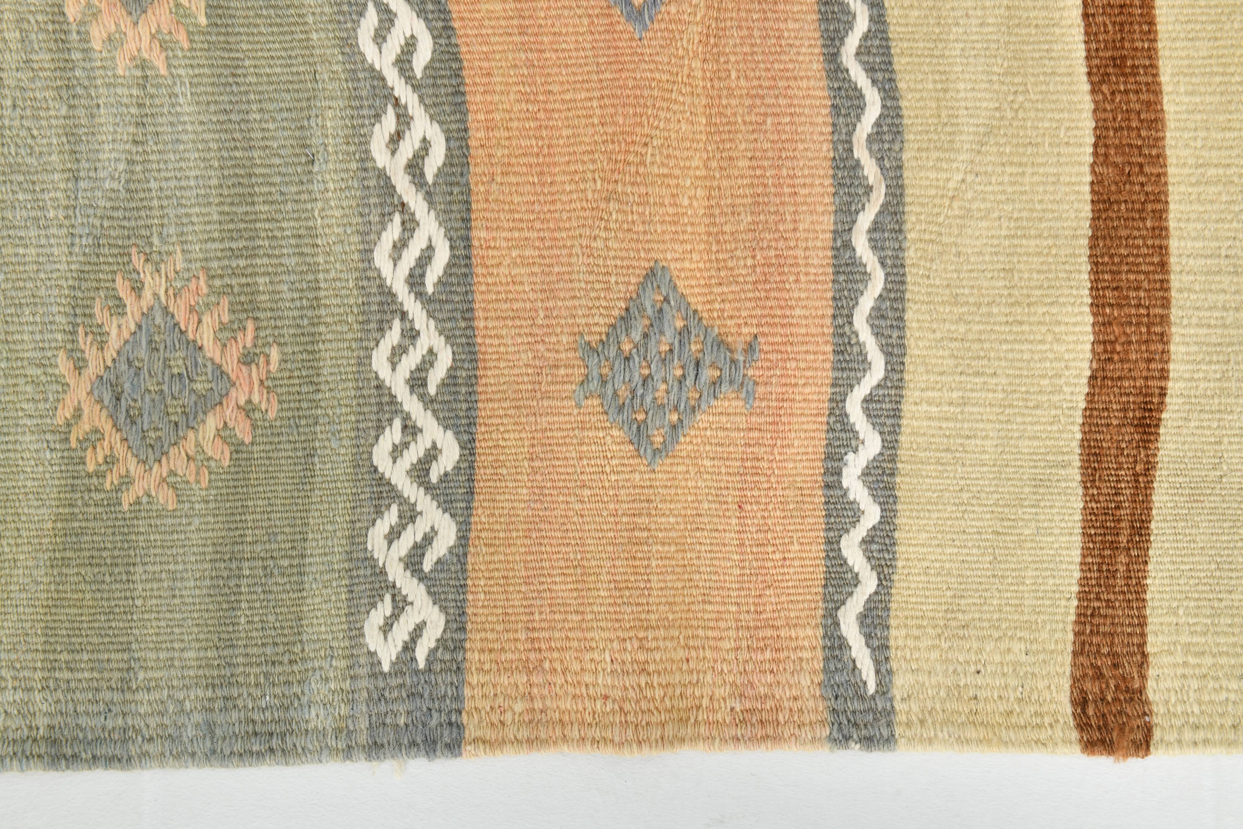 Tapis Kilim vert et crème 2x6, 63x180 cm