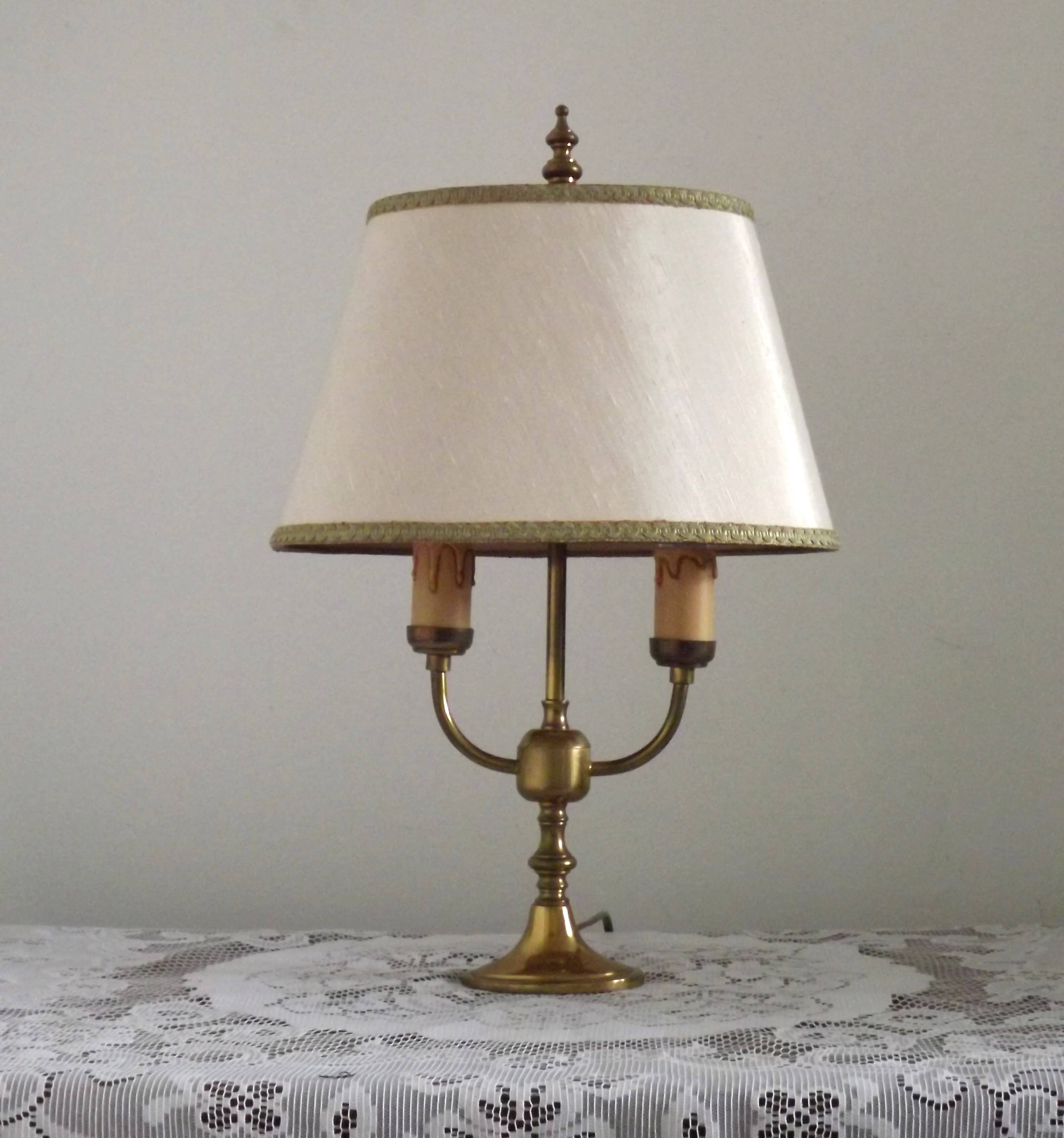 2 Light French Vintage Brass Boulotte Table Lamp With Cream Fabric Shade
