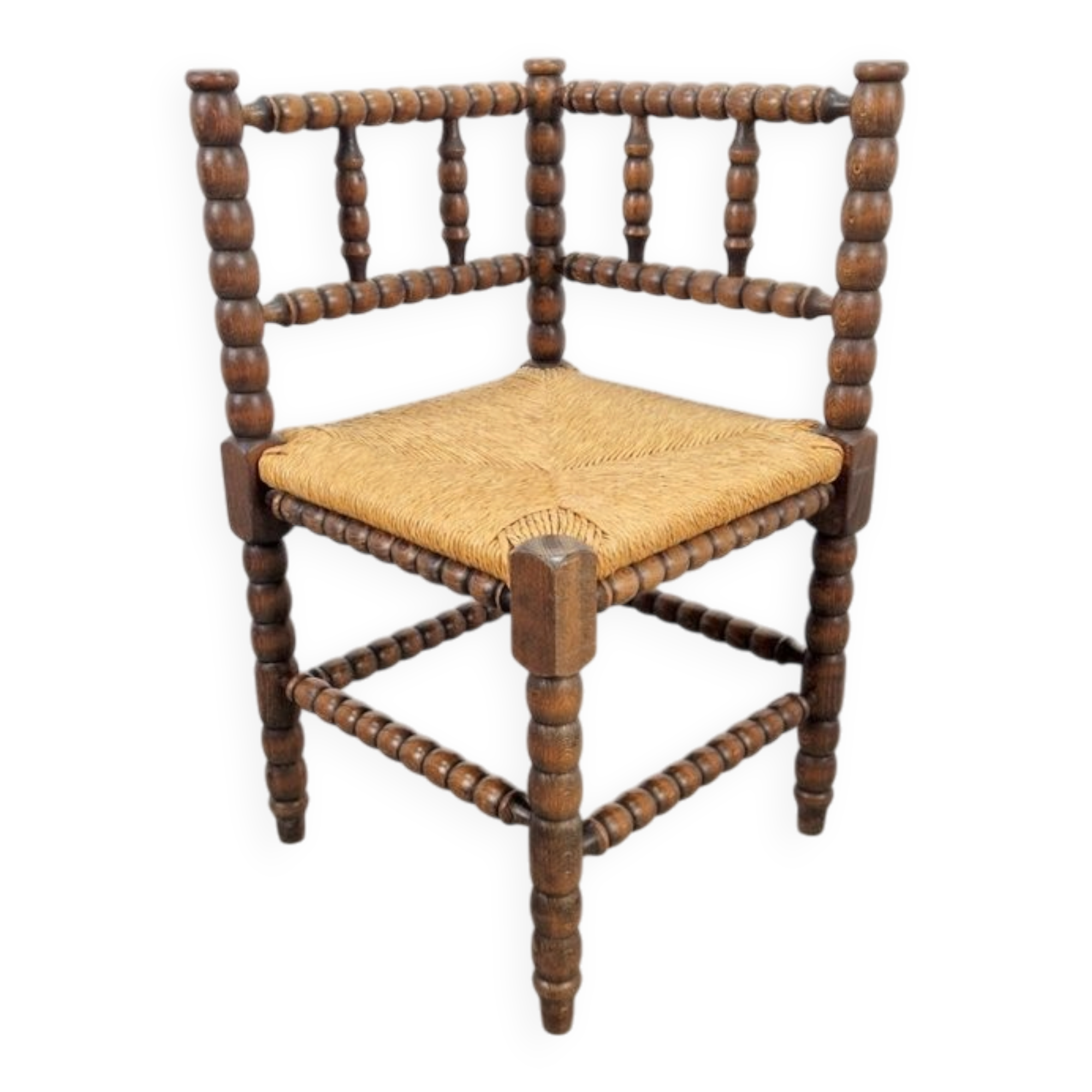 Mid-Century Modern Arts and Craft Style Bobbin Corner Chair in Oak with Rush Seat, 1950s