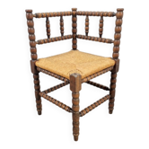 Mid-Century Modern Arts and Craft Style Bobbin Corner Chair in Oak with Rush Seat, 1950s