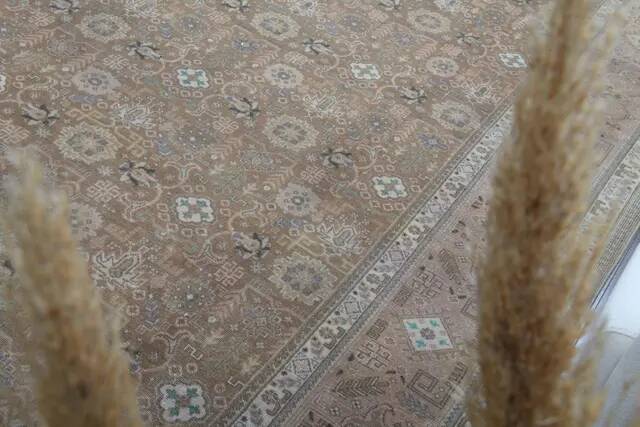 1970s Vintage Persian Handmade Wool Cotton Light Brown Area Rug 290x372