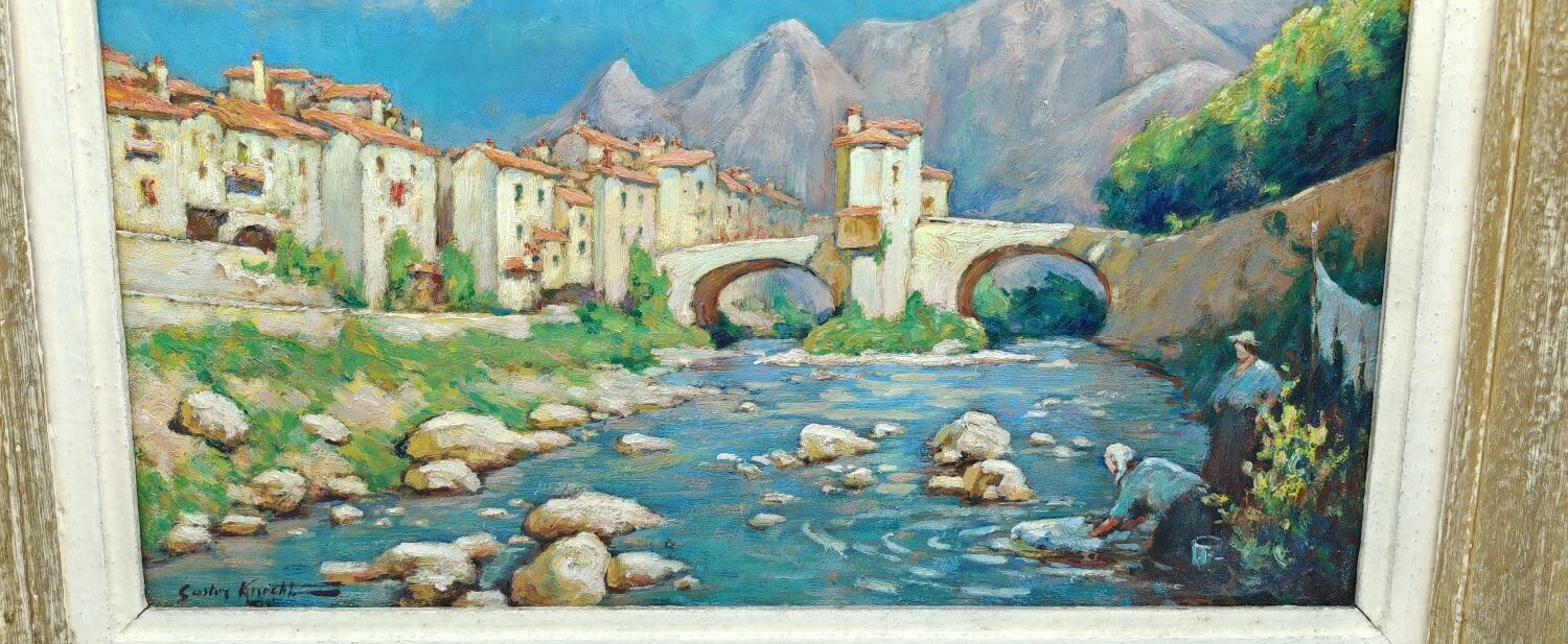 The washerwomen oil on hardboard by Gaston Knecht 1875-1968