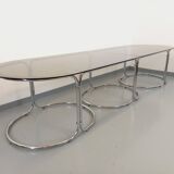 Large vintage modular oval dining table in smoked glass and chromed metal, Space Age style, 70s