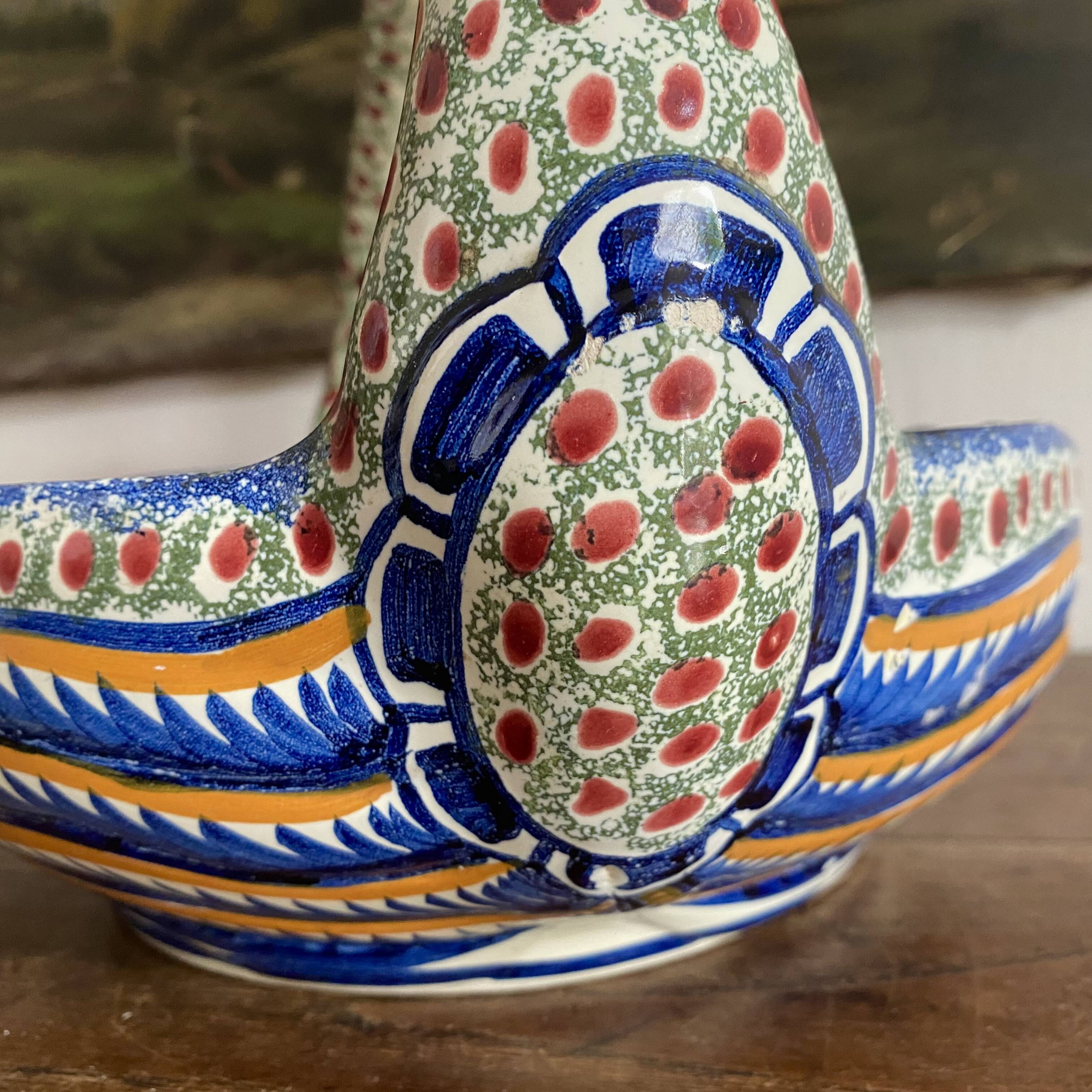 Fruit bowl, bird head handle HB Quimper Breton earthenware