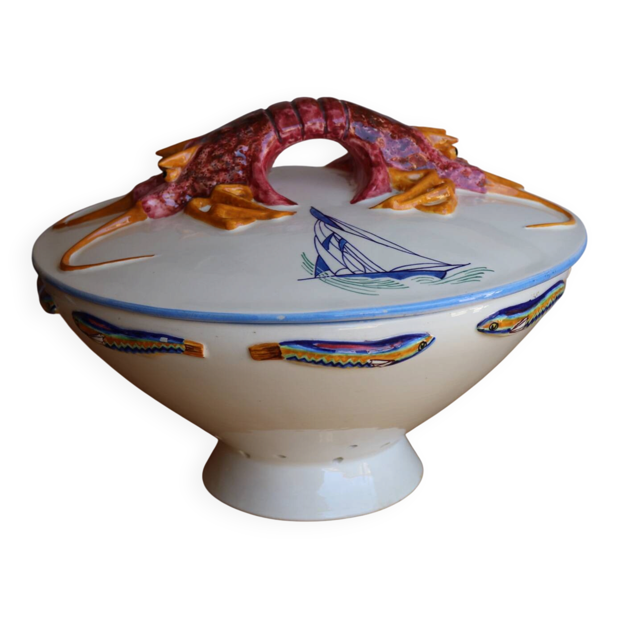 Covered ceramic vegetable dish with painted marine decoration – lobster dish
