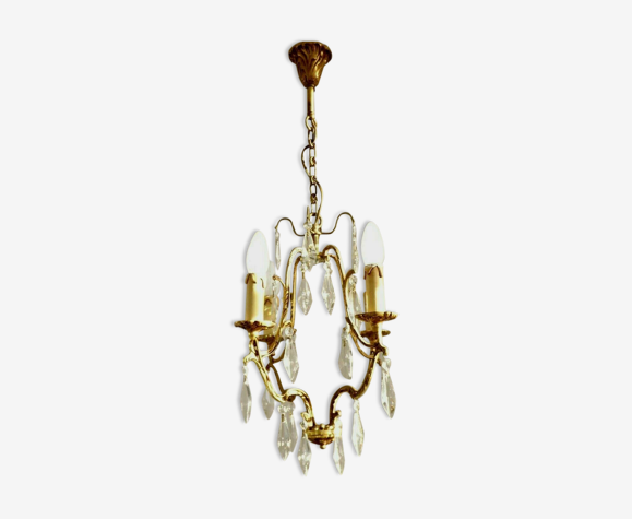 Lustre de cage en laiton et cristal de style art nouveau français