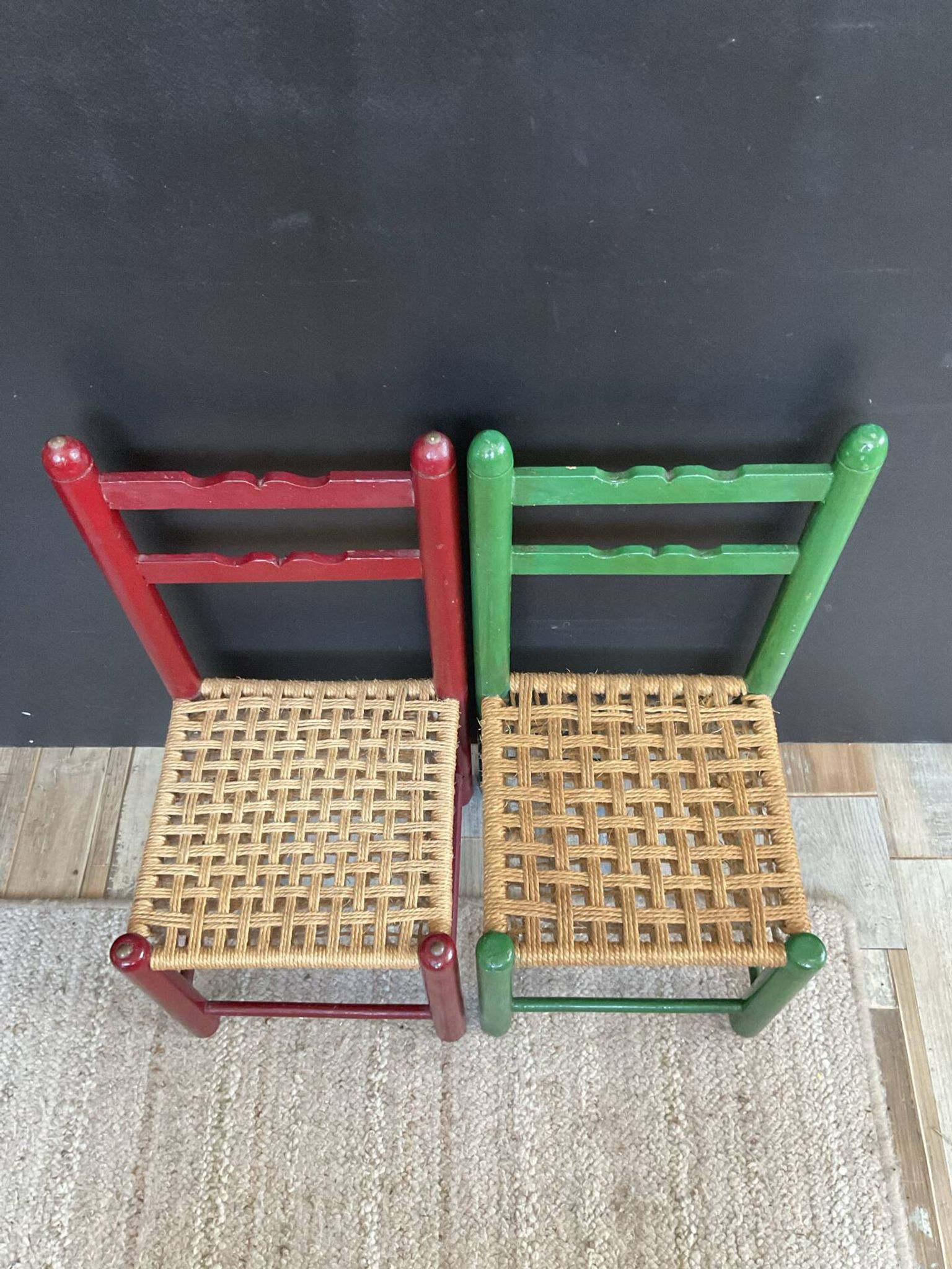 Vintage wooden and rope children's chair pair