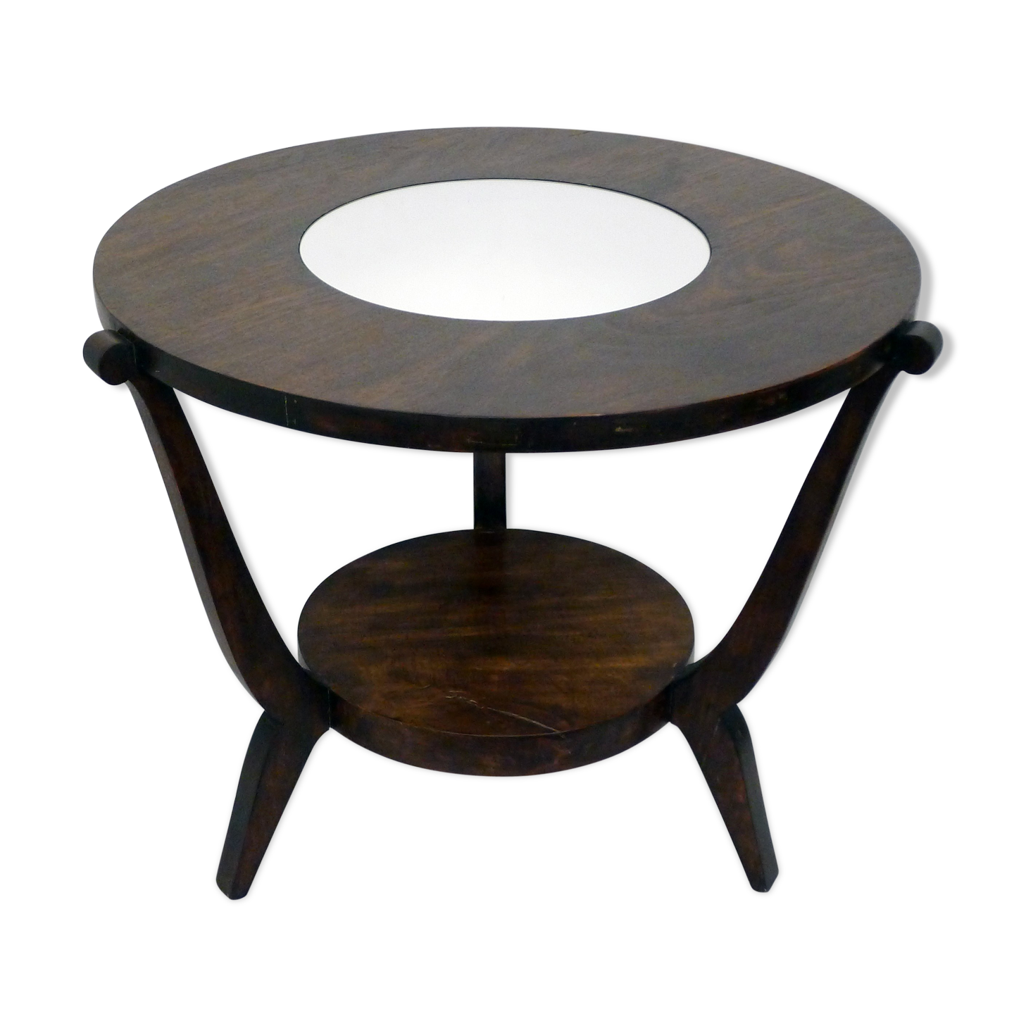Table basse ronde Art Déco bois foncé & miroir